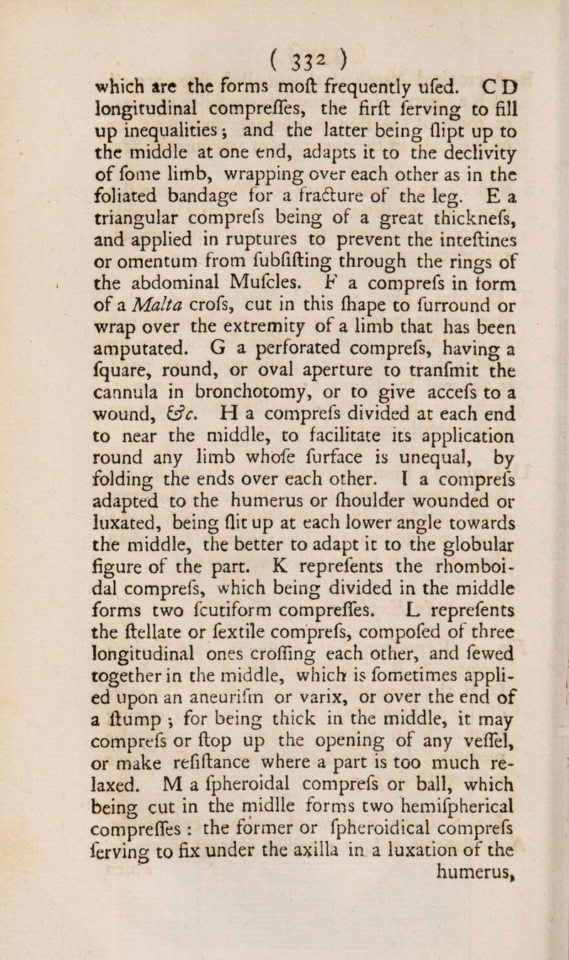 which are the forms mod frequently ufed. C D longitudinal comprefles, the firft ferving to fill up inequalities; and the latter being dipt up to the middle at one end, adapts it to the declivity of fome limb, wrapping over each other as in the foliated bandage for a fradture of the leg. E a triangular comprefs being of a great thicknefs, and applied in ruptures to prevent the inteftines or omentum from fubflfting through the rings of the abdominal Mufcles. F a comprefs in form of a Malta crofs, cut in this fhape to furround or wrap over the extremity of a limb that has been amputated. G a perforated comprefs, having a fquare, round, or oval aperture to tranfmit the cannula in bronchotomy, or to give accefs to a wound, &c, H a comprefs divided at each end to near the middle, to facilitate its application round any limb whofe furface is unequal, by folding the ends over each other. I a comprefs adapted to the humerus or fhoulder wounded or luxated, being flit up at each lower angle towards the middle, the better to adapt it to the globular figure of the part. K reprefents the rhomboi- dal comprefs, which being divided in the middle forms two fcutiform comprefles. L reprefents the ftellate or fextile comprefs, compofed of three longitudinal ones crofling each other, and fewed together in the middle, which is fometimes appli¬ ed upon an aneurifm or varix, or over the end of a flump *, for being thick in the middle, it may comprefs or flop up the opening of any veflel, or make refiftance where a part is too much re* laxed. M a fpheroidal comprefs or ball, which being cut in the midlie forms two hemifpherical comprefles : the former or fpheroidical comprefs ferving to fix under the axilla in a luxation of the humerus,