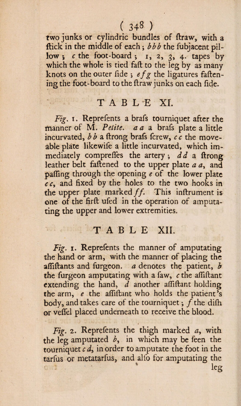 ( 34§ ) two junks or cylindric bundles of ftraw, with a flick in the middle of each; bbb the fubjacent pil¬ low \ c the foot-board \ i, 2, 3, 4. tapes by which the whole is tied fall to the leg by as many knots on the outer fide ; e fg the ligatures faften- ing the foot-board to the draw junks on each fide. TABLE XI. Fig. i. Reprefents a brafs tourniquet after the manner of M. Pelite, a a a brafs plate a little incurvated, hb a flrong brafs fcrew, cc the move- able plate likewife a little incurvated, which im¬ mediately comprettes the artery * dd a flrong leather belt fattened to the upper plate a a, and patting through the opening e of the lower plate cc9 and fixed by the holes to the two hooks in the upper plate marked //. This inftrument is one of the firft ufed in the operation of amputa¬ ting the upper and lower extremities. TABLE XII. Fig. 1. Reprefents the manner of amputating the hand or arm, with the manner of placing the attiflants and furgeon. a denotes the patient, b the furgeon amputating with a faw, c the attittant extending the hand, d another attittant holding the arm, e the attittant who holds the patient’s body, and takes care of the tourniquet *, / the difh or veffel placed underneath to receive the blood. ! Fig. 2. Reprefents the thigh marked with the leg amputated in which may be feen the tourniquet c d9 in order to amputate the foot in the tarfus or metatarfus, and alfo for amputating the ’ 4 leg