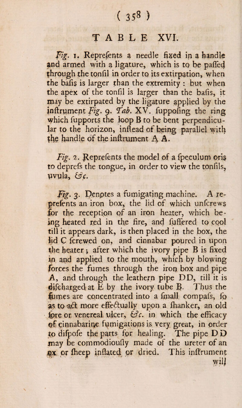 TABLE XVI. fig. i. Represents a needle fixed ip a handle $nd armed with a ligature, which is tQ be palled through the tonfil in order to its extirpation, when the balls is larger than the extremity : but when the apex of the tonfil is larger than the bafis, it may be extirpated by the ligature applied by the inftrument Fig. 9. Tab. XV. fuppofing the ring which fupports the loop B to be bent perpendicu¬ lar to the horizon, inllead of being parallel with the handle of the inftrument A A. Fig. 2. Reprefents the model of a fpeculum oris to deprefs the tongue, in order to view the tonfils, uvula, &c. Fig. 3. Denotes a fumigating machine. A re- prefents an iron box, the lid of which unfcrews |br the reception of an iron heater, which be¬ ing heated red in the lire, and fullered to cool till it appears dark, is then placed in the box, the lid C fcrewed on, and cinnabar poured in upon the heater ; after which the ivory pipe B is fixed in and applied to the mouth, which by blowing forces the fumes through the iron box and pipe A, and through the leathern pipe DD, till it is difc barged at E by the ivory tube g. Thus the fumes are concentrated into a fmall compafs, fo 3S to aft more effebtually upon a lhanker, an old tpre or venereal ulcer, &c. in which the efficacy of cinnabarine fumigations is very great, in order to difpofe the parts for healing. The pipe DD may be corn mod ioufly made of the ureter of an 42X or ffieep Inflated or dried. This inftrument