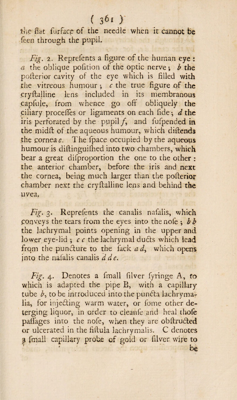 ( 36* ) the fiat furfacp of the needle when it cannot be feen through the pupil. Fig. 2, Reprefents a figure of the human eye : a the oblique pofition of the optic nerve*, b the pofterior cavity of the eye which is filled with the vitreous humour *, c the true figure of the cryflalline lens included in its membranous capfule, from whence go off obliquely the ciliary precedes or ligaments on each fide*, d the iris perforated by the pupil/, and lufpended in the midff: of the aqueous humour, which diftends the cornea e. The fpace occupied by the aqueous humour is diftinguifhed into two chambers, which bear a great difproportion the one to the other : the anterior chamber, before the iris and next the cornea, being much larger than the pofterior chamber next the cryflalline lens and behind the uvea, Fig. 3. Reprefents the canalis nafalis, which Conveys the tears from the eyes into thenofe *, bb the lachrymal points opening in the upper and lower, eye-lid *, c c the lachrymal ducts which lead from the puncture to the fack a which opens jnto the nafalis canalis dde. Fig. 4. Denotes a fmall filver fyringe A, to which is adapted the pipe B, with a capillary tube b, to be introduced into the pundta lachrymal lia, for injedting warm water, or lome other de¬ terging liquor, in order to cleanfe and heal thofe palfages into the nofe, when they are obftrudted or ulcerated in the fiftula lachrymalis. C denotes 2 fmall capillary probe of gold or filver wire to '  ' ' be