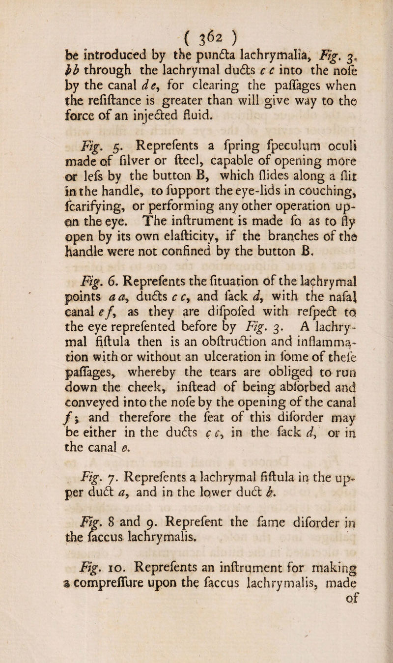 be introduced by the pundta lachrymalia, Fig. 3, $b through the lachrymal dudts c c into the nole by the canal d e, for clearing the paffages when the refiftance is greater than will give way to the force of an injedted fluid. Fig. 5. Reprefents a fpring fpeculum oculi made of Giver or fteel, capable of opening more or lefs by the button R, which Aides along a Alt in the handle, to fupport the eye-lids in couching, Scarifying, or performing any other operation up¬ on the eye. The inftrument is made fo as to Ay open by its own elafticitv, if the branches of the handle were not confined by the button B. Fig. 6. Reprefents the fituation of the lachrymal points a a, dudtscr, and fack d, with the nafal canals/, as they are difpofed with refpedt to the eye reprefen ted before by Fig. 3. A lachry¬ mal fiftula then is an obftrudtion and infiamma- tion with or without an ulceration in fome of thefe paffages, whereby the tears are obliged to run down the cheek, inftead of being abforbed and conveyed into the nofe by the opening of the canal f; and therefore the feat of this diforder may be either in the dudts c c, in the fack d> or in the canal e. Fig. 7. Reprefents a lachrymal fiftula in the up¬ per dudt a, and in the lower dudt k. Fig. S and 9. Reprefent the fame diforder in the faccus lachrymalis. % \ Fig. 10. Reprefents an inftrument for making a compreffure upon the faccus lachrymalis, made of
