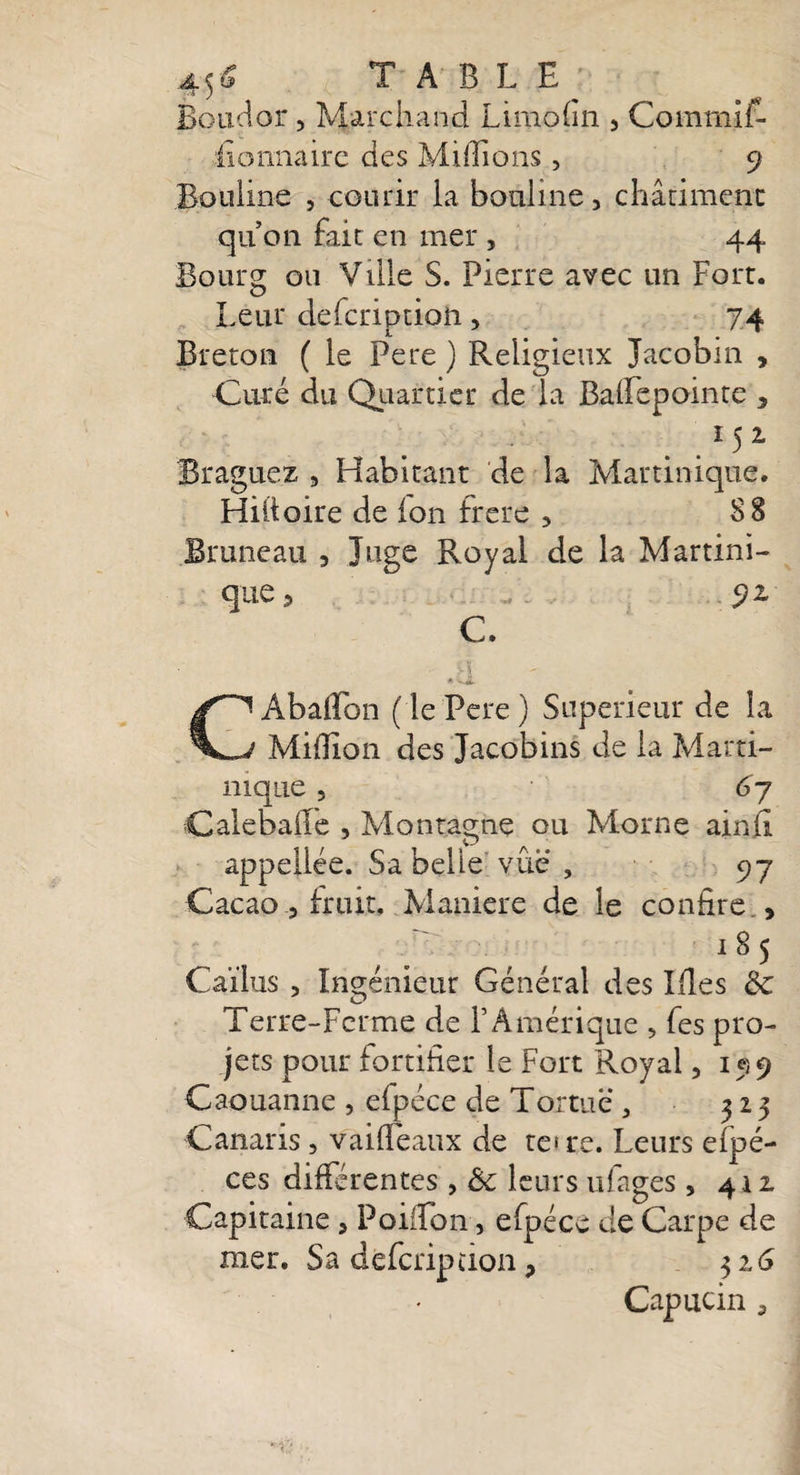 45 £ TABLE Boudor, Marchand Limofin , Commif- iionnairc des Millions, 9 Bouline , courir la bouline, châtiment qu’on fait en mer , 44 Bourg ou Ville S. Pierre avec un Fort. O r Leur defcriptioh, 74 Breton ( le Pere ) Religieux Jacobin , Curé du Quartier de la Balfepointe , 152. Braguez , Habitant de la Martinique. Hilloire de ion frere , S 8 Bruneau , Juge Royal de la Martini¬ que ^ 9 z C. CAbaifon ( le Pere ) Supérieur de la Million des Jacobins de la Marti¬ nique , 6 y Calebaife , Montagne ou Morne ainfi appeliée. Sa belle vue , 97 Cacao, fruit. Maniéré de le confire., i85 Caïliis , Ingénieur Général des Ides Terre-Ferme de l’Amérique , fes pro¬ jets pour fortifier le Fort Royal, 199 Caouanne , eipéce de Tortue*, 323 Canaris , vaideaux de tes re. Leurs efpé- ces différentes, & leurs ufages, 412. Capitaine , PoiiTon, efpécc de Carpe de mer. Sa deferipaon, 32 6 Capucin ,