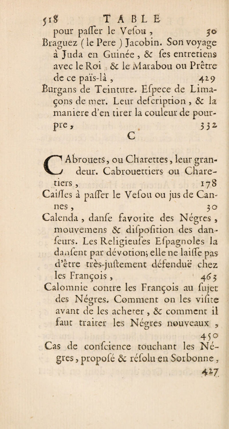 pour palier le Ve fou , Braguez ( le Pere ) Jacobin. Son voyage à Juda en Guinée , &amp;c fes entretiens avec le Roi 8c le Marabou ou Prêtre de ce païs-là , 42.9 Burgans de Teinture. Efpece de Lima¬ çons de mer. Leur defcription , &amp; la maniéré d’en tirer la couleur de pour¬ pre , 332. C CAbrouets, ou Charettes, leur gran¬ deur. Cabrouettiers ou Chare- tiers, 178 Cai/Ies à pafler le Vefou ou jus de Can¬ nes , 30 Calenda , danfe favoiite des Nègres , mouvemens &amp; difpofition des dan- feurs. Les Religieuîes Efpagnoles la danfent par dévotion*, elle ne laide pas d’être très-juftement défendue chez les François , 1 463 Calomnie contre les François au fujet des Nègres. Comment on les vifite avant de les acherer , 8c comment il faut traiter les Nègres nouveaux , 450 Cas de confcience touchant les Nè¬ gres ? propofé 8c réfolu en Sorbonne, 427