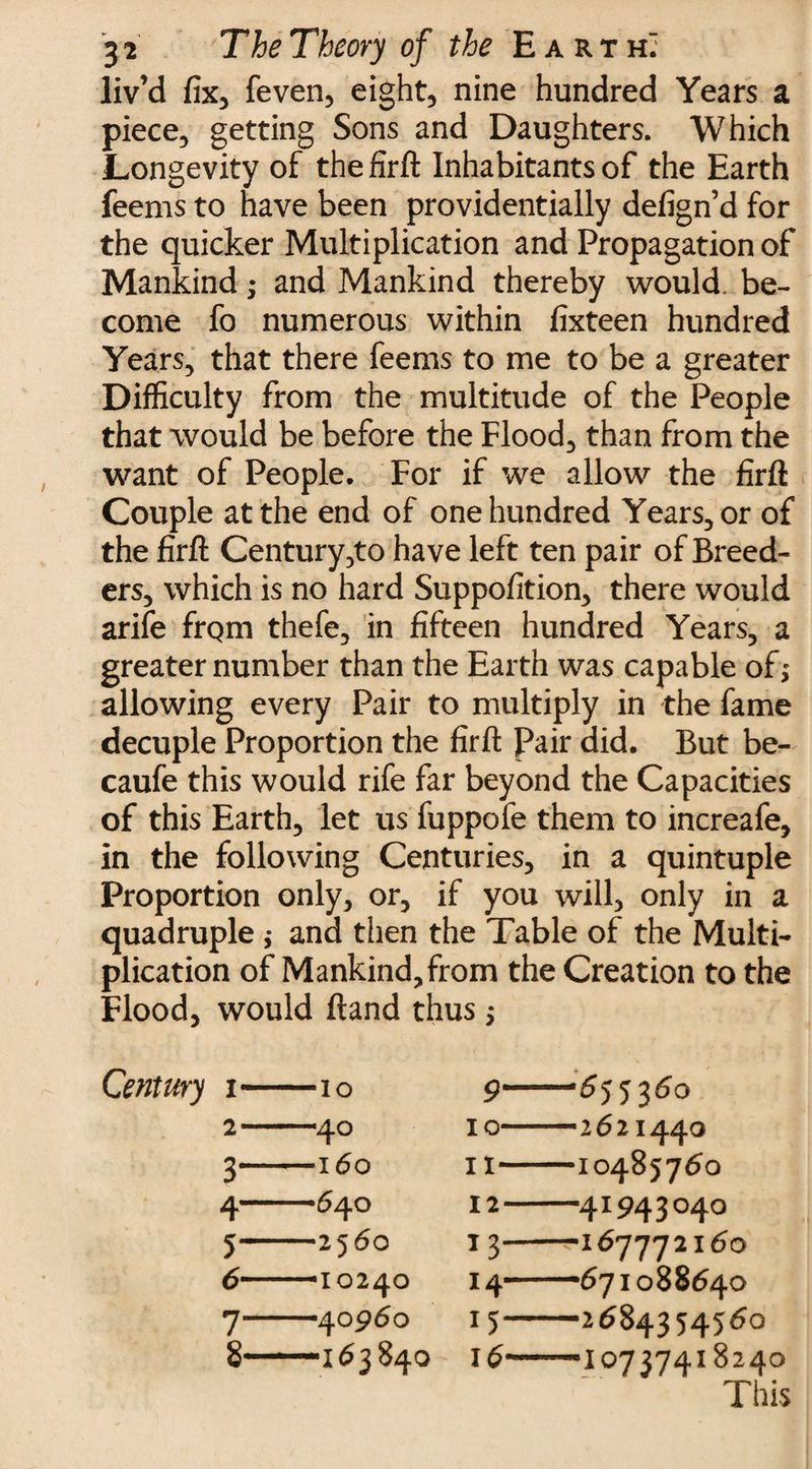 liv’d fix* feven, eight* nine hundred Years a piece* getting Sons and Daughters. Which Longevity of the firft Inhabitants of the Earth feems to have been providentially defign’d for the quicker Multiplication and Propagation of Mankind; and Mankind thereby would, be¬ come fo numerous within fixteen hundred Years* that there feems to me to be a greater Difficulty from the multitude of the People that would be before the Flood* than from the want of People. For if we allow the firft Couple at the end of one hundred Years* or of the firft Century*to have left ten pair of Breed¬ ers, which is no hard Suppofition* there would arife from thefe* in fifteen hundred Years* a greater number than the Earth was capable of; allowing every Pair to multiply in the fame decuple Proportion the firft Pair did. But be- caufe this would rife far beyond the Capacities of this Earth* let us fuppofe them to increafe, in the following Centuries, in a quintuple Proportion only* or* if you will* only in a quadruple ; and then the Table of the Multi¬ plication of Mankind*from the Creation to the Flood, would ftand thus $ Century 1— -IO 9 —'655360 2— 40 10— —2621440 3 -160 II— —10485760 4 —64O 12 — 41943040 5 -256O 13 —167772160 6— — IO24O h 671088640 7 —40960 —2684354560 8— —163840 16— —10737418240 This