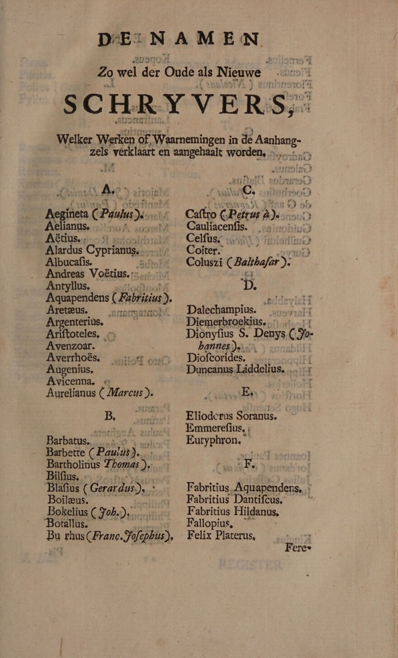 hd » hee Had hete ( h A „ik é PE ù er ei me © B Aegiieta C Peas Je Aelianus, Aëtius, « Alardus Oppas. Albucafis. f Andreas Voërius. sacf: Antyllus, Aquapendens ( Fri) Areteus. oon Argenteriùs. Ariftoteles, Avenzoar. iè } JO Augenius, Avicenna. « Aurelianus C Marcus ). B, Barbatus. _… Barbette (Pauls He Bartholinus Thomas, Bilfius. -… — Blafius (Oerardus) eet okelius ( Job. Botallus. CAfeden Bu rhus (Franc. Yoft shus) AFER = ss dat ” de | st rr seer à ke saf 4d ed _ kn e Fi HEERS ye B Caftio CPerus 2). 150 Cauliacenfis. 5170510055 Celfas NN) Hatori Coiîter. KE Coluszi ( Bathaf: D. &amp;eiciev] Dalechampius. Diemerbroekius.,… „ Dionyfius S. Das C je hannes de, Diofcorides, ait Duncanus.Liddelius. … zER Elioderus Soranus. Emmerefius, E Eutyphron, FE, Fabricius. Aquapendens. + Fabritius Dantifcus. Fabritius Hildanus, Fallopius, Felix Platerus, p Ferce