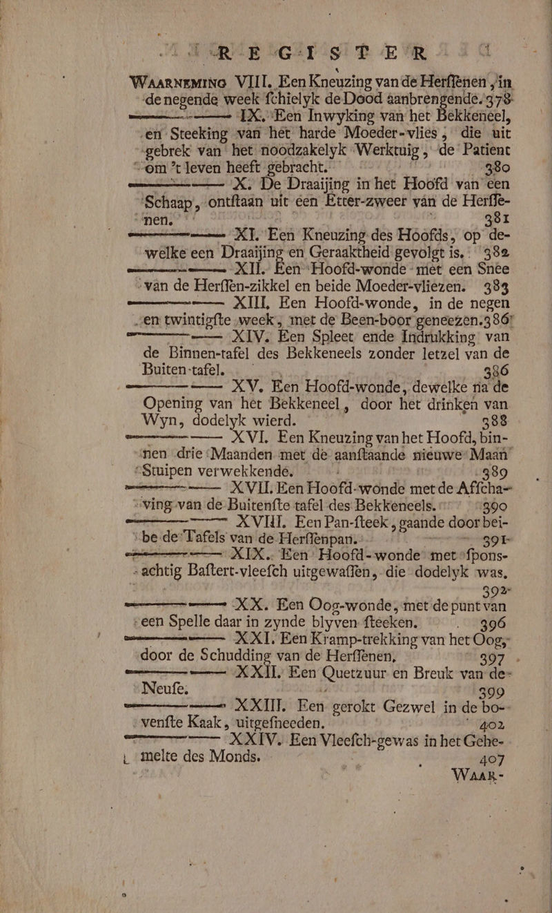 RB LGET SL EM AIT WAARNEMING VIII, Een Kneuzing: van de Herffenen „in de negende week fchielyk de Deod aanbrengende., 378 mmm IX ‘Een Inwyking van het Bekkeneel, en Steeking van het harde Moeder-vlies , die uit „gebrek van het noodzakelyk Werktuig de Patient „om ’% leven heeft gebracht. 380 —— X. De Draaijing in het Hoofd van een “Schaap, ontftaan uit cen Errer-zweer vân de Herffe- “nen. 39 I ne XI. Een Kneuzing des Hoofds, op de- welke een Draaijing en Geraaktheid gevolgt is, 382 mm XII Een ‘Hoofd-wonde met een Snee „van de Herffen-zikkel en beide Moeder-vliezen. 383 —— XII, Een Hoofd-wonde, in de negen „en twintiafte week , met de Been-boor geneezen.3867 AN Een Spleet ende Indrukking van de Binnen-tafel des Bekkeneels zonder letzel van de Buiten:tafel. 386 —- XV. Een Hoofd-wonde, dewelke ria de Opening van het Bekkeneel, door het drinken van Wyn, dodelyk wierd. 388 —— XVL Een Kneuzing van het Hoofd, bin- nen „drie ‘Maanden met de aanftaande r nieuwe zi RRipen verwekkende. - XVI Een Hoofd. wonde metde AfhE- „ving van de Buitenfte tafel des Bekkeneels. 390 XVII, Een Pan-fteek , gaande door bei- “be de ‘Tafels van de-Herffenpau.” | = 391 == XIX. Een’ Hoofd- wonde met fpons- achtig Baftert-vleefch uitgewaffen die dodelyk was. 2 me XX. Een Oos-wonde; met de dolken „een Spelle daar in zynde blyven. fteeken. 396 — XXI, Een Kramp-trekking van het Oog, door de Schudding van de Herffenen, | 307 | Neufe: _—_ XXII. Eer gerokt Gezwel in de be „venfte Kaak , uitgefneeden. “402 —- XXIV. Een Vleefch-gewas in het Gehe- L „melte des Monds. … | 407