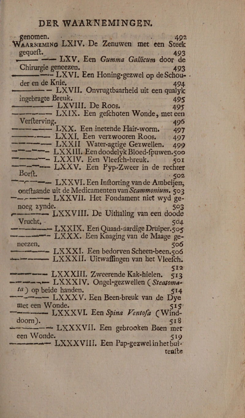 enomen. 492 AARNEMING LXIV. De Zenuwen met éen Steek gequeft. 493 == LKV. Een Gumma Gallicum mre de Chirurgie geneezen. 493 = LXVI. Een Honing-gezwel op de ava der en de Knie, — LXVII. Onvrugtbaarheid uit een een ingebragte Breuk. 49 RE Ewe vilrsbe Roos, hie —_ LXIX. Een gefchoren Wonde;, met een Verfterving. 496 DN nnntsnnnens LXX. Een inetende Hair-worm. 497 —_= LXXI, Een verzwooren Roos. 497 TT LXXII Water-agtige Gezwellen. 499 =e LXXII Een doodelyk Bloed-fpuwen.soo mmm LXXIV. Een Vleefch-breuk. SOI me LXXV. Een Pyp-Zweer in de rechter Borft. ‚So2 meere LXXVI Een Inftorting vande Ambeijen, _ ontftaande uit de Medicamenten van Scammonium, 503 - —_e— LXXVIL Het Fondament niet wyd ie noeg zynde. 503 Wekt POCKV INI De Uithaling van een doode Vrucht, - 504 nde amnnscmaadns LXXÌX. Eer Qüaad-aardige Drüiper. ba mmm LXXX. Een Knaging van de Maage ge- neezen. 506 me LXXXI. Een bedorven Scheen-been.so6 aem LXXXII. Uiewaffingen van het Vleefch. mmm emme [XX XII. Zweerende Kak-hielen. Es mar mmm LXXAXIV. Ongel-gezwellen ( Steatoma= a) op beide handen. 514 mn LXXXV. Een Been-breuk van de Dye met een Woonde. SIS’ nnntenmennd LXXXVL Een Spina Ventofa CWind- doorn). 518 oldie nende Een gebrooken Been mer een Wond 519 hens LKV Een Pap-gezwel in het but- tenfte