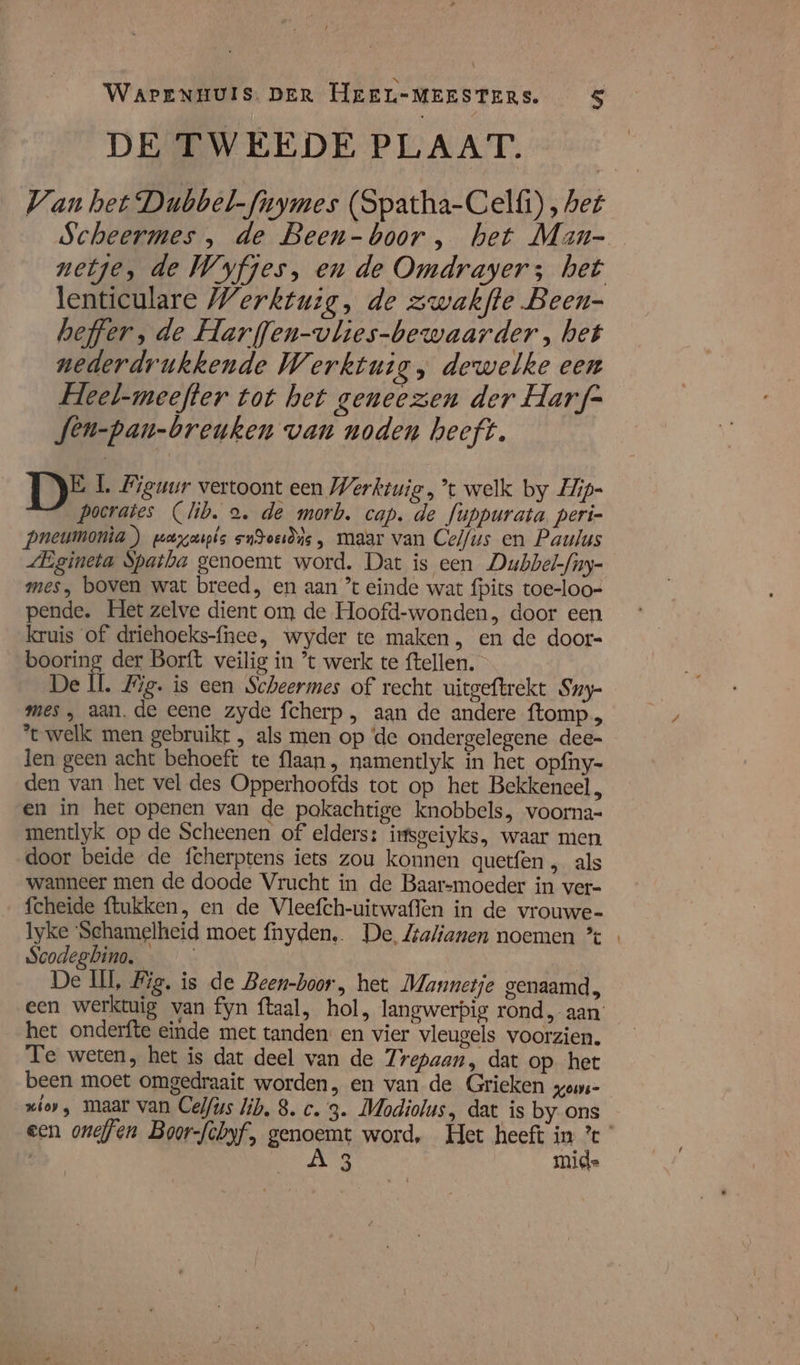 DEWWEEDE PLAAT. “ee Van het Dubbel-fnymes (Spatha-Celfi), hef netje, de Wyfjes, en de Omdrayer; het lenticulare Werktuig, de zwakfte Been- beffer, de Har ffen-vlies-bewaarder , het nederdrukkende Werktuig , dewelke een Heel-meefter tot het geneezen der Har f= Jen-pan-breuken van noden heeft. DE L Figuur vertoont een Werktuig, ’t welk by Hip- pocrates (lib. a. de morb. cap. de fuppurata. peri- pneumonìa)) payuipbs sndoeidie , maar van Cel/us en Paulus LEgineta Spatha genoemt word. Dat is een Dubbel-fiy- mes, boven wat breed, en aan ’t einde wat fpits toe-loo- pende. Het zelve dient om de Hoofd-wonden, door een kruis of driehoeks-{nee, wyder te maken, en de door- booring der Borft veilig in *t werk te ftellen. De Il. Mig. is een Scheermes of recht uitgeftrekt Sny- mes „ aan. de eene zyde fcherp , aan de andere ftomp…, % welk men gebruikt , als men op ‘de ondergelegene dee- len geen acht behoeft te flaan, namentlyk in het opfny- den van het vel des Opperhoofds tot op het Bekkeneel, en in het openen van de pokachtige knobbels, voorna- mentlyk op de Scheenen of elders: irfsgeiyks, waar men door beide de fcherptens iets zou konnen quetfen , als wanneer men de doode Vrucht in de Baarsmoeder in ver= fcheide ftukken, en de Vleefch-uitwaffen in de vrouwe- lyke ‘Schamelheid moet fnyden. De, Zalianen noemen % Scodegbino. — | De IL, Wig, is de Been-boor, het. Mannetje genaamd, een werktuig van fyn ftaal, hol, langwerpig rond, aan: het onderfte einde met tanden: en vier vleugels voorzien. Te weten, het is dat deel van de Trepaan, dat op het been moet omgedraait worden, en van de Grieken zoms- wioy , maar van Celis lib. 8. c. 3. Modiolus, dat is by ons een oneffen Boor-fcbyf, genoemt word, Het heeft in ’ A 3 mide