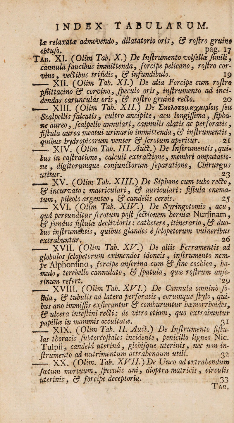 Ia relaxata admovendo, dilatatorio oris, £? rojlro gruim Tab. XI. (Olim Tab.X.) De Inftrumento volfellajmm, cannula faucibus immittenda, forcipe pelicano, rojlro cor- vmo, vehibus trifidis, &amp; infundibulo. 19 — XII. (Olim Tab. XI.) De alia Forcipe cum rojlro pfiittacino &amp; corvino, fpeculo oris, inftrumento ad inci¬ dendas carunculas oris, 6? rojlro gruino relto. 20 •— XIII. (Olim Tab. XII.) De ZHQ\OKoiect%ceipfoiQ feu Scalpellis falcatis, cultro ancipite, acu longijfma, jjphor ne aureo, fcalpello annulari, cannulis alatis ac perforatis, fijlula aurea meatui urinario immittenda ,&amp; injlrumentis , quibus hydropicorum venter &amp; fcrotum aperitur. 21 - _ XIV. (Olim Tab. III.Auft.) De Injlrumentis, qui* bus in cajlratione, calculi extractione, membri amputatio¬ ne , digitorumque conjunCtorum feparatione. Chirurgus utitur. 23 „ XV. (Olim Tab. XIII.) De Siphone cum tubo recto, &amp; incurvato; matriculari, £? auriculari: fijlula enema- tum, pileolo argenteo, &amp; candelis cereis. 25 —.— XVI. (Olim Tab. XIV.) De Syringotomis , acu, ' qud pertunditur fcrotum pojl feCtionem bernice Nurfinam* &amp; fundus fiftulce declivioris: cathetere, itinerario, &amp;? duo¬ bus inftrumAitis, quibus glandes e Jclopetorum vulneribus extrahuntur. 26 T.- XVII. (Olim Tab. XV.) De aliis Ferramentis ad globulos fclopetorum eximendos idoneis, in/lrumento nem¬ pe Alphonfino, forcipe anferina cum £? fine cochlea, ha¬ mulo, terebello cannulato, &amp; jpatula, quce rojlrum anjb- rinum refert. 29 __ XVIII. (Olim Tab. XVL) De Cannula omnino fo- Vtda , &amp; tubulis ad latera perforatis, eorumque Jlylo, qui- his ano immiffis exjiccantur comburuntur hcemorrhoides, ulcera intejlini reCti: de vitro etkim, quo extrahuntur tapiU® in mammis occultata. 3 r _ XIX. (Olim Tab. II. Audi.) De Inftrumento fifta- las thoracis fubtercoftales incidente, penicillo ligneo Nic. Tulpii 3 candela uterina, globifque uterinis, nec non in¬ ftrumento ad nutrimentum attrahendum utili. 32 __XX. (Olim. Tab. XVII.) De Unco ad extrahendum fretum mortuum, Jpeculis ani, dioptra matricis, circulis uterinis, &amp; forcipe deceptoria. 33