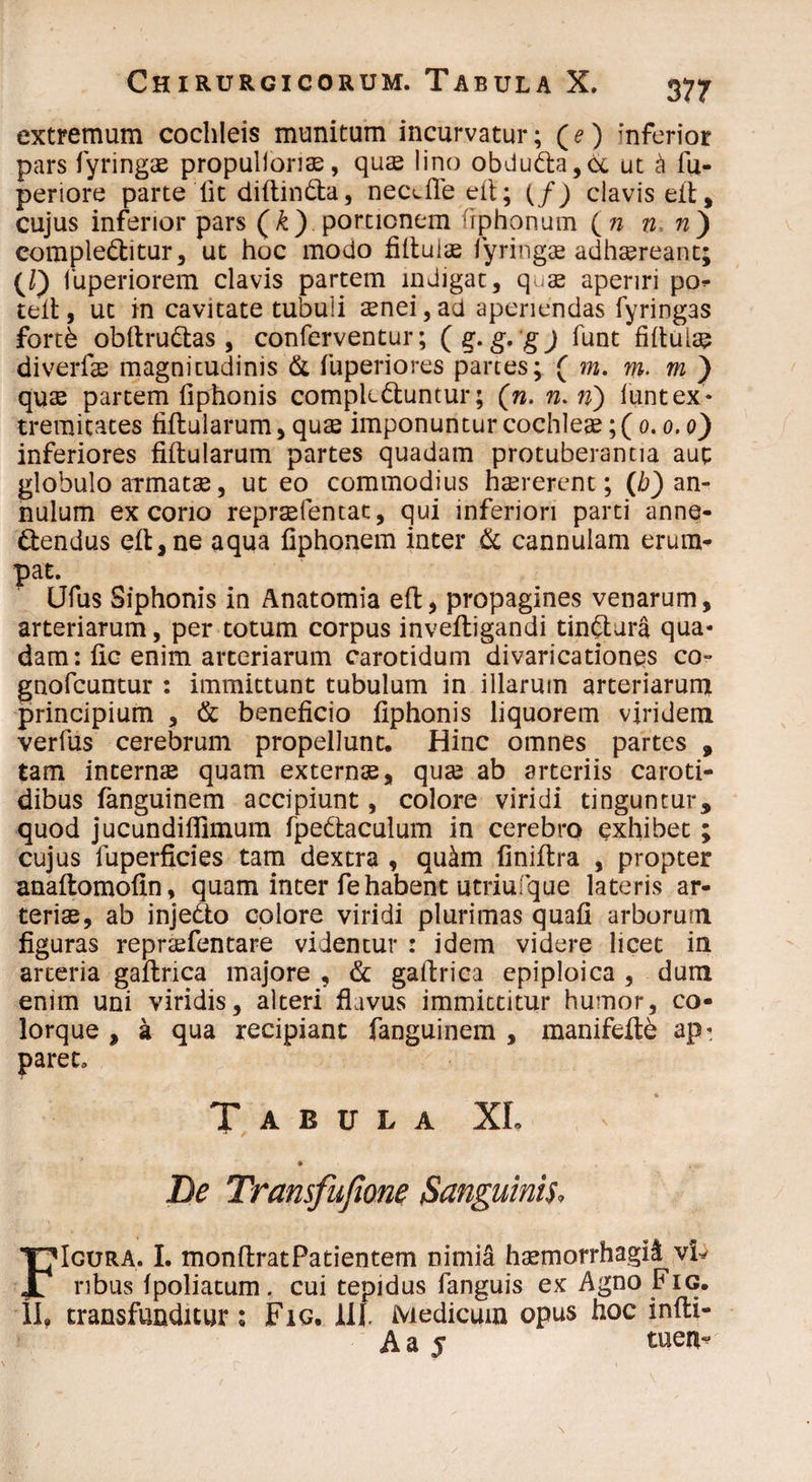 extremum cochleis munitum incurvatur; (e) inferior pars fyringae propullorias, quae lino obdu&a,<x ut & fu- periore parte lit diftin&a, neccfte eit; {f) clavis eit, cujus inferior pars (&) portionem frphonum n. ») comple&itur, ut hoc modo filtuiae fyringas adhaereant; (/) fuperiorem clavis partem indigat, quae aperiri po* teli, ut in cavitate tubuli aenei, ad aperiendas fyring3s fortb obftru&as , conferventur; ( g.g. gj funt fiituiae diverfae magnitudinis & fuperiores partes; ( m. m. m ) quae partem fiphonis complectuntur; (n. n. n} lunt ex¬ tremitates filtularum, quae imponuntur cochleae; ( o. o. o) inferiores filtularum partes quadam protuberantia aut globulo armatae, ut eo commodius haererent; (b) an- nulum excorio reprsefentat, qui inferiori parti anne¬ ctendus eit, ne aqua fiphonem inter & cannulam erum¬ pat. Ufus Siphonis in Anatomia eft5 propagines venarum, arteriarum, per totum corpus inveftigandi tinCtura qua¬ dam: lic enim arteriarum carotidum divaricationes co~ gnofcuntur : immittunt tubulum in illarum arteriarum principium , & beneficio fiphonis liquorem viridem verfus cerebrum propellunt. Hinc omnes partes , tam internae quam externae, quae ab arteriis caroti¬ dibus fanguinem accipiunt, colore viridi tinguntur, quod jucundifllmum fpettaculum in cerebro exhibet ; cujus fuperficies tam dextra , qu&m finifira , propter anaftomofin, quam inter fe habent utriufque lateris ar¬ teris, ab injetto colore viridi plurimas quafi arborum figuras repraefentare videntur : idem videre licet in arteria gaftrica majore , & gaftrica epiploica , dum enim uni viridis, alteri flavus immittitur humor, co¬ lorque , k qua recipiant fanguinem , manifelte ap« paret» Tabula XL » De Transfujione Sanguinis* FIcura. I. monfiratPatientem nimid hsmorrhagH vk nbus Ipoliatum. cui tepidus fanguis ex Agno Fig. II. transfunditur: Fig. III. Medicum opus hoc infti- Aa 5