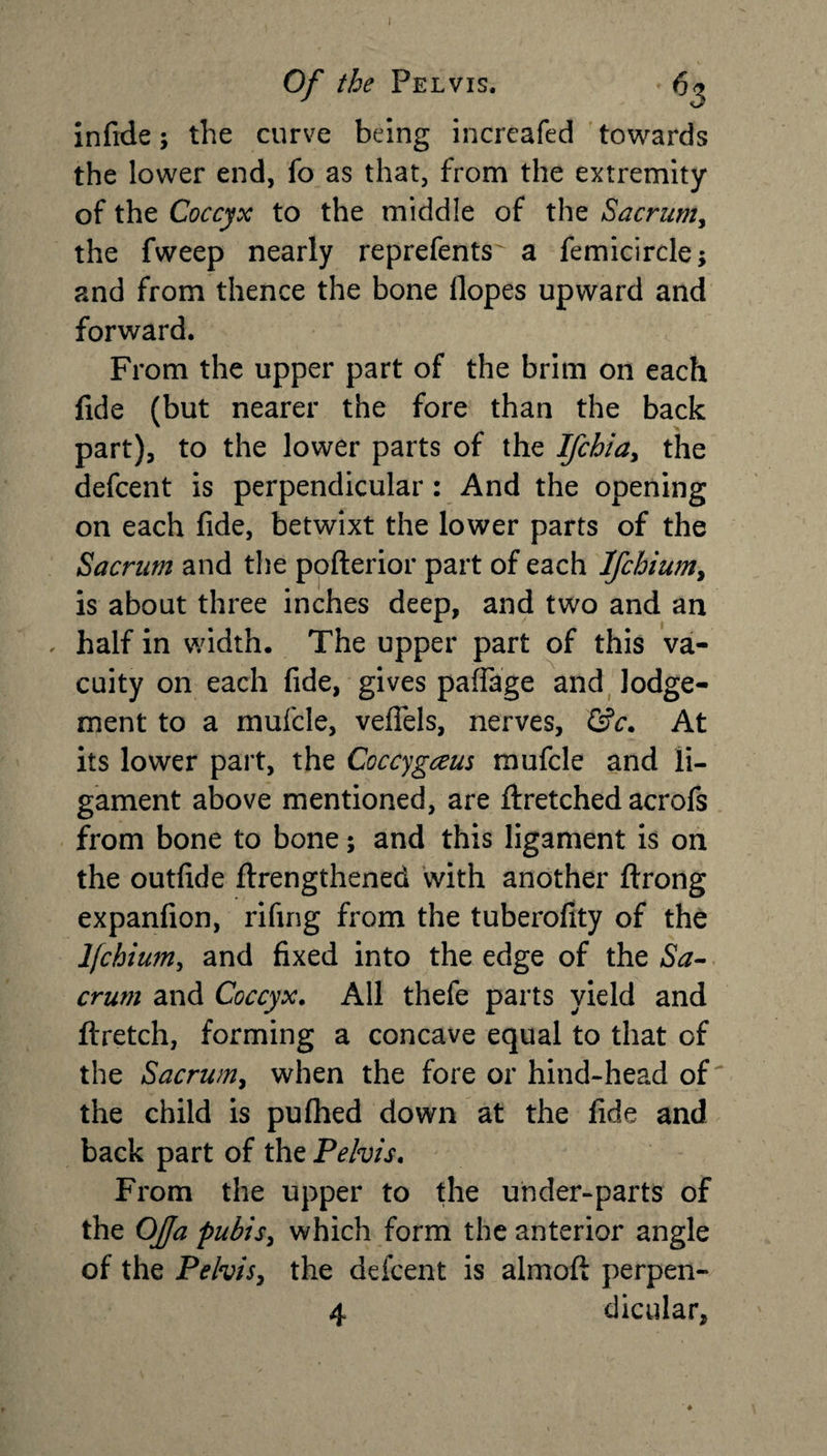 Of the Pelvis. * 63 infide; the curve being increafed towards the lower end, fo as that, from the extremity of the Coccyx to the middle of the Sacrum, the fweep nearly reprefents' a femicircle; and from thence the bone Hopes upward and forward. From the upper part of the brim on each fide (but nearer the fore than the back part), to the lower parts of the Ifchia, the defcent is perpendicular : And the opening on each fide, betwixt the lower parts of the Sacrum and the pofterior part of each Ifcbium, is about three inches deep, and two and an half in width. The upper part of this va¬ cuity on each fide, gives pafTage and lodge¬ ment to a mufcle, veflels, nerves, (Sc. At its lower part, the Coccygceus mufcle and li¬ gament above mentioned, are ftretched acrofs from bone to bone; and this ligament is on the outfide ftrengthened with another ftrong expanfion, rifing from the tuberoflty of the lfchium, and fixed into the edge of the Sa¬ crum and Coccyx. All thefe parts yield and ftretch, forming a concave equal to that of the Sacrum, when the fore or hind-head of the child is pufhed down at the fide and back part of the Pelvis. From the upper to the under-parts of the OJfa pubis, which form the anterior angle of the Pelvisy the defcent is almoft perpen-