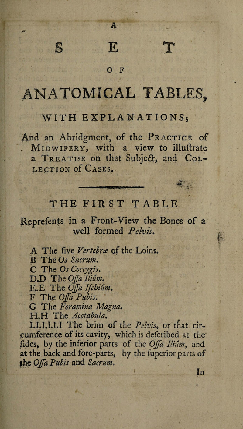 A — SET O F . . . * t t ANATOMICAL TABLES, WITH EXPLANATIONS! And an Abridgment, of the Practice of Midwifery, with a view to illuftrate a Treatise on that Subject, and Col¬ lection of Cases. THE FIRST TAELE Reprefents in a Front-View the Bones of a well formed Pelvis. A The five Vertelr&lt;e of the Loins. B The Os Sacrum. C The Os Coccygis. D. D The Op Ilium. E. E The Cp Ifchiilm. F The Op Pubis. G The Foramina Magna. H.H The Ace tabula. l.IJJ.I.I The brim of the Pelvis, or that cir¬ cumference of its cavity, which is defcribed at the Tides, by the inferior parts of the Op Ilium, and at the back and fore-parts, by the fuperior parts of phe Op Pubis and Sacrum. ( i In .-&gt;*r