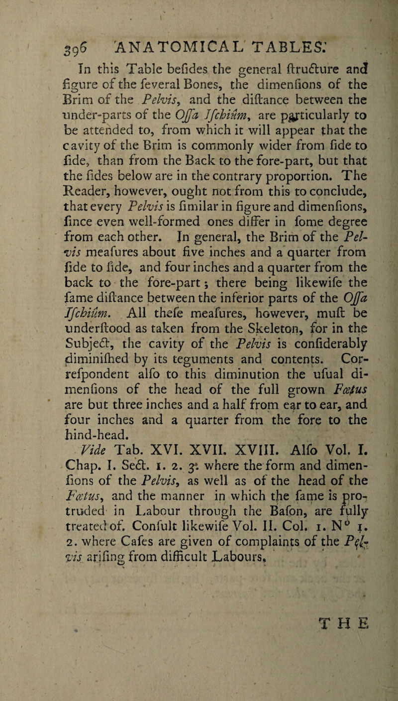 596 ANATOMICAL TABLES: In this Table befides the general ftrufture and figure of the feveral Bones, the dimenfions of the Brim of the Pelvis, and the difiance between the under-parts of the Offa Jfchium, are particularly to be attended to, from which it will appear that the cavity of the Brim is commonly wider from fide to fide, than from the Back to the fore-part, but that the Tides below are in the contrary proportion. The Reader, however, ought not from this to conclude, that every Pelvis is fimilar in figure and dimenfions, fince even well-formed ones differ in fome degree from each other. In general, the Brim of the Pel¬ vis meafures about five inches and a quarter from fide to fide, and four inches and a quarter from the back to the fore-part; there being likewife the fame difiance between the inferior parts of the Offa Jfchium. All thefe meafures, however, muft be underftood as taken from the Skeleton, for in the Subject, the cavity of the Pelvis is confiderably fiiminifhed by its teguments and contents. Cor- refpondent alfo to this diminution the ufual di- men fions of the head of the full grown Fcefus are but three inches and a half from ear to ear, and four inches and a quarter from the fore to the hind-head. Vide Tab. XVI. XVII. XVIII. Alfo Vol. I. Chap. I. Sedl. i. 2. 3*. where the form and dimen¬ fions of the Pelvis, as well as of the head of the Foetus, and the manner in which the fame is pro¬ truded in Labour through the Bafon, are fully treated of. Confult likewife Vol. II. Col. 1. N° j. 2. where Cafes are given of complaints of the Pff vis arifing from difficult Labours,