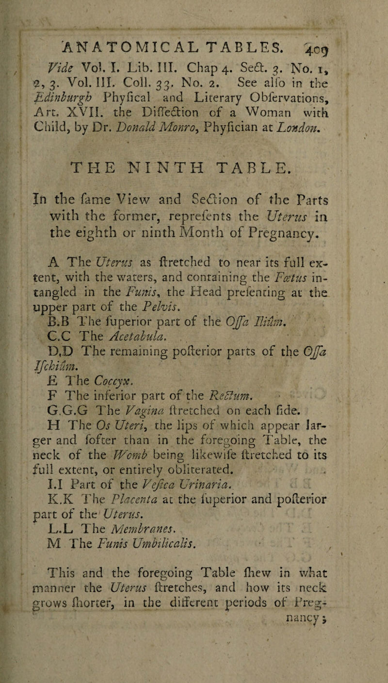 % ANATOMICAL TABLES. 409 Vide Vo!, I. Lib. III. Chap 4. Se£t. 3. No. i, 2, 3. Vol. III. Coll. 33. No. 2. See alfo in the Edinburgh Phyfical and Literary Oblervations, Art. XVII. the Diffeelion of a Woman with Child, by Dr. Donald Monro, Phyfician at London. THE NINTH TABLE. In the fame View and Sedlion of the Parts with the former, reprefents the Uterus in the eighth or ninth Month of Pregnancy. A The Uterus as ftretched to near its full ex¬ tent, with the waters, and containing the Foetus in- tangled in the Funis% the Head prefenting at the upper part of the Pelvis. B. B The fuperior part of the Offa Ilium. C. C The Acetalula. D. .D The remaining pofterior parts of the OJfa Ifchium. E The Coccyx. F The inferior part of the Reffum. G.G.G The Vagina ftretched on each fide. H The Os Uteri, the lips of which appear lar¬ ger and fofter than in the foregoing Table, the neck of the Womb beins likewife ftretched to its full extent, or entirely obliterated. LI Part of the Vejlca Urinaria. K. K The Placenta at the fuperior and po fieri or part of the Uterus. L. L The Membranes. M The Funis Umbilicalis. This and the foregoing Table fhew in what manner the Uterus ftretches, and how its neck, grows fnorter, in the different periods of Preg¬ nancy y