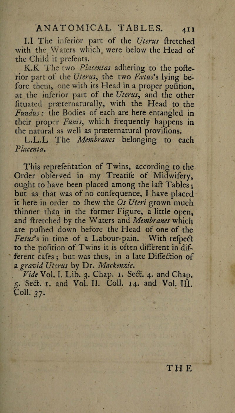 LI The inferior part of the Uterus ftretched with the Waters which were below the Head of the Child it prefents. K. K The two Placentas adhering to the pofte- rior part of the Uterus, the two Foetus's lying be¬ fore them, one with its Head in a proper pofition, at the inferior part of the Uterus, and the other fituated prasternaturally, with the Head to the Fundus: the Bodies of each are here entangled in their proper Funis, which frequently happens in the natural as well as preternatural provifions. L. L.L The Membranes belonging to each Placenta. f. This reprefentation of Twins, according to the Order obferved in my Treadle of Midwifery, ought to have been placed among the laft Tables ; but as that was of no confequence, I have placed it here in order to fhew the Os Uteri grown much thinner than in the former Figure, a little open, and ftretched by the Waters and Membranes which are pufhed down before the Head of one of the Foetus's in time of a Labour-pain. With refped to the pofition of Twins it is often different in dif¬ ferent cafes; but was thus, in a late Difiedion of a gravid Uterus by Dr. Mackenzie. Vide Vol. I. Lib. 3. Chap. 1. Sed. 4. and Chap. 5. Sed. 1. and Vol. II. Coll. 14. and Vol. III. Coll. 37.