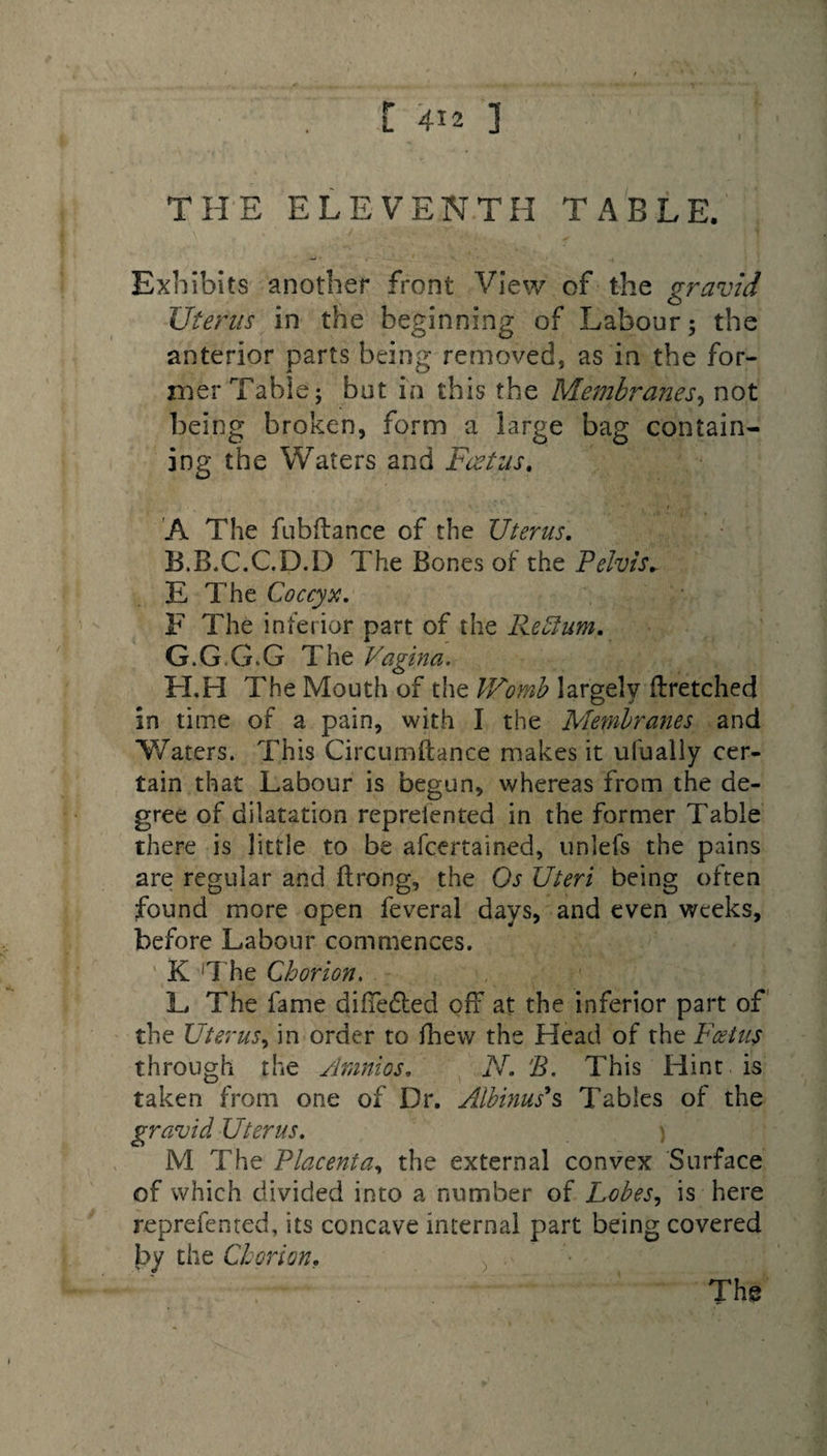 THE ELEVENTH TABLE. Exhibits another front View of the gravid Uterus in the beginning of Labour; the anterior parts being removed, as in the for¬ mer Table; but in this the Membranes, not being broken, form a large bag contain¬ ing the Waters and Foetus, A The fubftance of the Uterus, B.B.C.C.D.D The Bones of the Pelvis* E The Coccyx. F The inferior part of the Return, G. G.G.G The Vagina. H. H The Mouth of the V/omb largely ftretched in time of a pain, with I the Membranes and Waters. This Circumftance makes it ufually cer¬ tain that Labour is begun, whereas from the de¬ gree of dilatation repreiented in the former Table there is little to be afcertained, unlefs the pains are regular and ftrong, the Os Uteri being often found more open feveral days, and even weeks, before Labour commences. K 'The Chorion. L The fame differed off at the inferior part of the Uterus, in order to fhew the Head of the Foetus through the Amnios. N. B. This Hint is taken from one of Dr. Albums's Tables of the gravid Uterus. M The Placenta, the external convex Surface of which divided into a number of Lobes, is here reprefented, its concave internal part being covered by the Chorion. The
