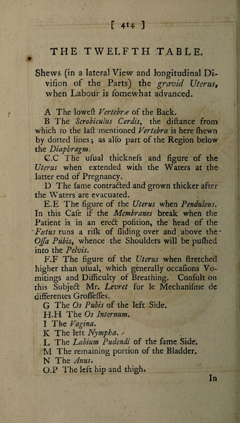 THE TWELFTH TABLE- Shews (in a lateral View and longitudinal Di- vifion of the Parts) the gravid Uterus9 when Labour is fomewhat advanced. A The lowed Vertebrae of the Back. B The Scrobicuius Cordis, the diftance from which to the laft mentioned Vertebra is here (hewn by dotted lines; as alfo part of the Region below the Diaphragm. C.C The ufual thicknefs and figure of the Uterus when extended with the Waters at the latter end of Pregnancy. D The fame contracted and grown thicker after the Waters are evacuated. E. E The figure of the Uterus when Pendulous. In this Cafe if the Membranes break when the Patient is in an ereCt polition, the head of the ’Foetus runs a rifk of Hiding over and above the* OJfa Pubis^ whence the Shoulders will be pufhed into the Pelvis. F. F The figure of the Uterus when ft retched higher than ufual, which generally occafions Vo¬ mitings and Difficulty of Breathing. Confult on this SubjeCt Mr. Levret fur le Mechanifme dc differentes Grofieftes. G The Os Pubis of the left Side. H.H The Os Internum. I The Vagina. K The left Nympha. ✓ L The Labium Pudendi of the fame. Side. M The remaining portion of the Bladder. N The Anus. O.P The left hip and thigh, i