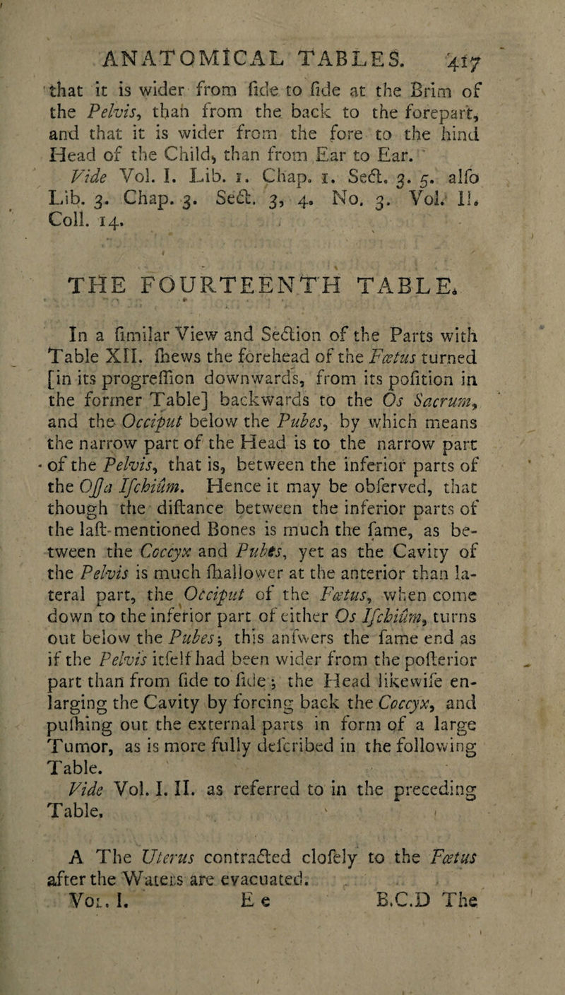 that it is wider from fide to fide at the Brim of the Pelvis, than from the back to the forepart, and that it is wider from the fore to the hind Head of the Child* than from Ear to Ear. Vide Vol. I. Lib. 1. Chap. 1. Se£t. 3. 5. alfo Lib. 3. Chap. 3. Set:. 3, 4. No. 3. Vol. II. Coll. 14. 1 * ■ / THE FOURTEENTH TABLE. « •* , &gt; ■ ¥ . . In a fimilar View and Section of the Parts with Table XII. fnews the forehead of the Foetus turned [in its progrefticn downwards, from its pofition in the former Table] backwards to the Os Sacrum, and the Occiput below the Pubes, by which means the narrow part of the Head is to the narrow part * of the Pelvis, that is, between the inferior parts of the Oj]a Ifchium. Hence it may be obferved, that though the diftance between the inferior parts of the laft-mentioned Bones is much the fame, as be- tween the Coccyx and Pubes, yet as the Cavity of the Pelvis is much fhallower at the anterior than la¬ teral part, the Occiput of the Foetus, when come down to the inferior part of either Os Ifchium, turns out below the Pubes; this anfwers the fame end as if the Pelvis itfelf had been wider from the poflerior part than from fide to fide ; the Head likewife en¬ larging the Cavity by forcing back the Coccyx, and puihing out the external parts in form of a large Tumor, as is more fully deferibed in the following Table. Vide Vol. I. II. as referred to in the preceding Table, ' A The Uterus contracted clofely to the Foetus after the Waters are evacuated. Vol. I. Ee B.C.D The \