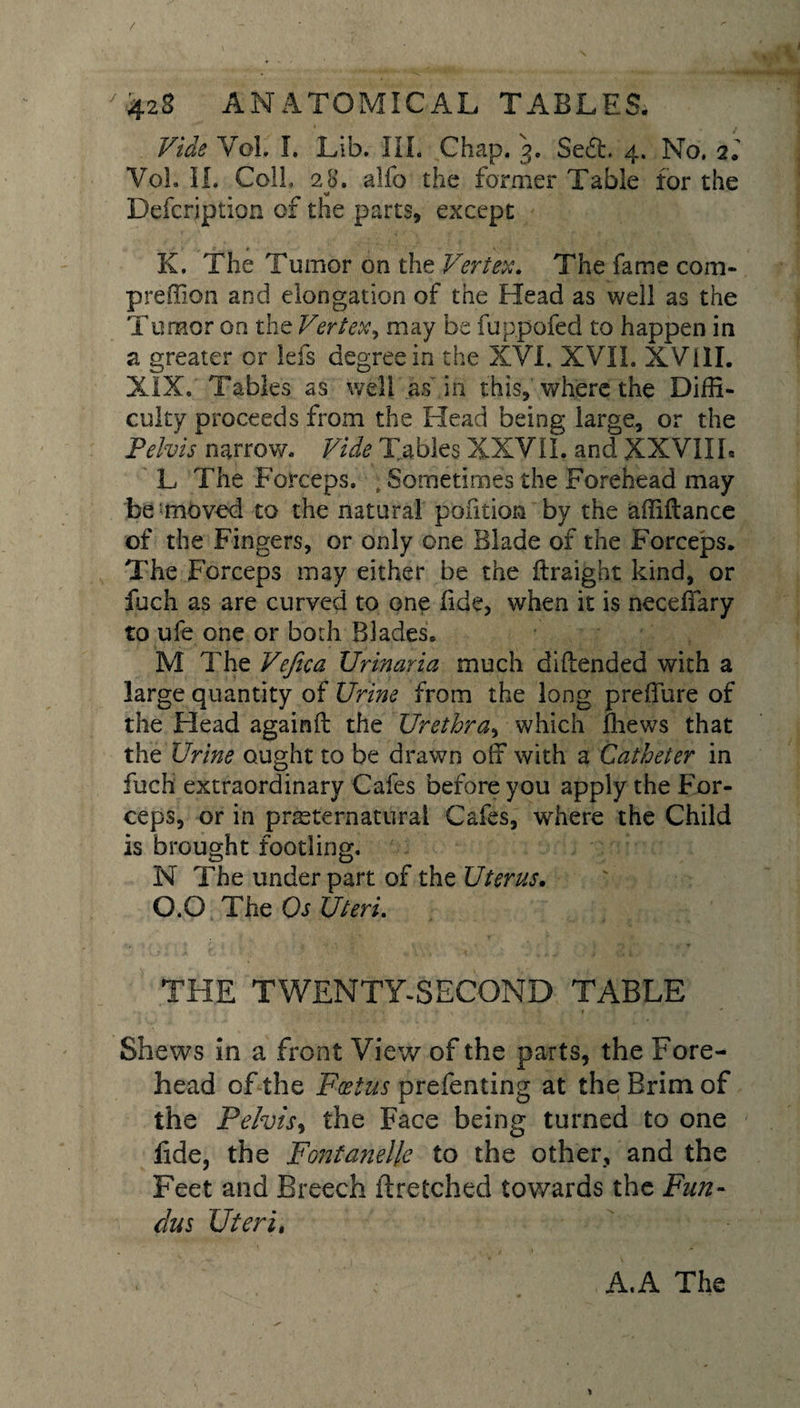 f ' 428 ANATOMICAL TABLES. Vide YoL I. Lib. III. Chap. 3. $e£t. 4. No. 21 VoL IL Coll. 28. alfo the former Table for the Defcription of the parts, except K. The Tumor on the Vertex. The fame com- predion and elongation of the Head as well as the Turaor on the Vertex, may be fuppofed to happen in a greater or lefs degree in the XVI. XVII. XV11I. XIX. Tables as well as in this,'where the Diffi¬ culty proceeds from the Head being large, or the Pelvis narrow. Vide Tables XXVII. and XXVIII, L The Forceps. , Sometimes the Forehead may be moved to the natural pofition by the affiftance of the Fingers, or only one Blade of the Forceps. The Forceps may either be the ftraight kind, or fuch as are curved to one fide, when it is necefiary to ufe one or both Blades. M The Veftca Urinaria much diflended with a large quantity of Urine from the long preffure of the Head againft the Urethra, which ffiews that the Urine ought to be drawn olf with a Catheter in fuch extraordinary Cafes before you apply the For¬ ceps, or in preternatural Cafes, where the Child is brought footling. N The under part of the Uterus. 0.0 The Os Uteri. THE TWENTY-SECOND TABLE Shews in a front View of the parts, the Fore¬ head of the Foetus prefenting at the Brim of the Pelvis, the Face being turned to one fide, the Fonfanelle to the other, and the Feet and Breech ftretched towards the Fun- dus Uteri, \ A. A The