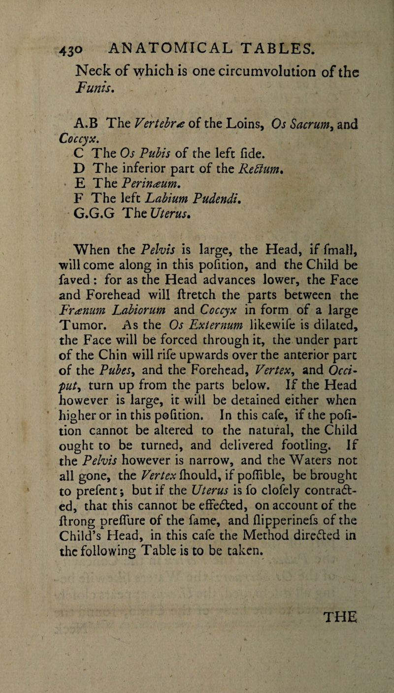 Neck of which is one circumvolution of the * Funis. A.B The Vertebrae of the Loins, Os Sacrum, and Coccyx. C The Os Pubis of the left fide. D The inferior part of the Rettam. * E The Perineum. F The left Labium Pudendi. • G.G.G The Uterus. When the Pelvis is large, the Head, if finall, will come along in this pofition, and the Child be faved: for as the Head advances lower, the Face and Forehead will ftretch the parts between the Fr&lt;enum Labiorum and Coccyx in form of a large Tumor. As the Os Externum likewife is dilated, the Face will be forced through it, the under part of the Chin will rife upwards over the anterior part of the Pubes, and the Forehead, Vert ex, and Occi- put, turn up from the parts below. If the Head however is large, it will be detained either when higher or in this pofition. In this cafe, if the pofi¬ tion cannot be altered to the natural, the Child ought to be turned, and delivered footling. If the Pelvis however is narrow, and the Waters not all gone, the Vertex fhould, if pofiible, be brought to prefent \ but if the Uterus is fo clofely contract¬ ed, that this cannot be effected, on account of the firong prefllire of the fame, and flipperinefs of the Child’s Head, in this cafe the Method directed in the following Table is to be taken. THE