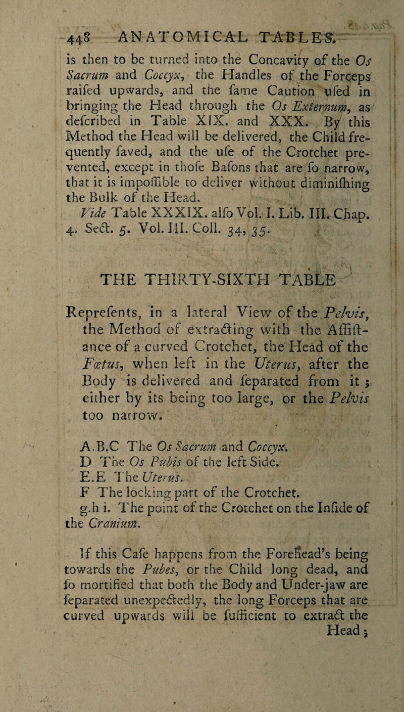 is then to be turned into the Concavity of the Os Sacrum and Coccyx, the Handles of the Forceps raifed upwards, and the fame Caution ufed in bringing the Head through the Os Externum, as defcribed in Table XIX. and XXX. By this Method the Head will be delivered, the Child fre¬ quently faved, and the ufe of the Crotchet pre¬ vented, except in thofe Bafons that are fo narrow, that it is impoffible to deliver without diminiihing the Bulk of the Head. Vide Table XXXIX. alfo Vol. I. Lib. III. Chap. 4, Sed. 5. Vol. III. Coll. 34, 35. THE THIRTY-SIXTH TABLE Reprefents, in a lateral View of the Pelvis, the Method of extrading with the Affift- ance of a curved Crotchet, the Head of the Foetus, when left in the Uterus, after the Body is delivered and feparated from it 5 either by its being too large, or the Pelvis too narrow. A.B.C The Os Sacrum and Coccyx. D The Os Pubis of the leftSide. E.E The Uterus. F The locking part of the Crotchet, gdi i. The point of the Crotchet on the Infide of the Cranium. If this Cafe happens from the Forehead’s being towards the Pubes, or the Child long dead, and fo mortified that both the Body and Under-jaw are feparated unexpectedly, the long Forceps that are curved upwards will be fufficient to extrad the Head 3