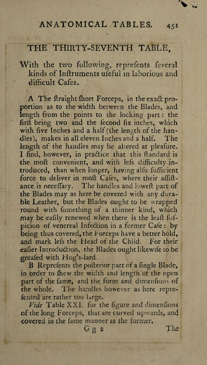 THE THIRTY-SEVENTH TABLE, With the two following, reprefents feveral kinds of Inftruments uleful in laborious and difficult Cafes. A The ftraight fliort Forceps, in the exa£t pro¬ portion as to the width between the Blades, and length from the points to the locking part: the firit being two and the fecond fix inches, which with five Inches and a half (the length of the han¬ dles), makes in all eleven Inches and a half. The length of the handles may be altered at pleafure. I find, however, in practice that this dandard is the mod convenient, and with lefs difficuJtv in- troduced, than when longer, having alfo fufficient force to deliver in mofi; Cafes, where their afiid- ance is neceffary. The handles and lowed part of the Blades may as here be covered with any dura¬ ble Leather, but the Blades ought to be wrapped round with fomething of a thinner kind, which may be eafily renewed when there is the lead fuf- picion of venereal Infection in a former Cafe: by being thus covered, the Forceps have a better hold, and mark lefs the Plead of the Child. For their eafier Introduction, the Blades ought likewife to be greafed with Hog’s-lard. B Reprefents the poderior part of a (ingle Blade, in order to (hew the width and length of the open part of the fame, and the form and dimenfions of the whole. The handles however as here repre- fented are rather too large. Vide Table XXL for the figure and dimenfions of the long Forceps, that are curved upwards, and covered in the fame manner as the former. G g 2 The