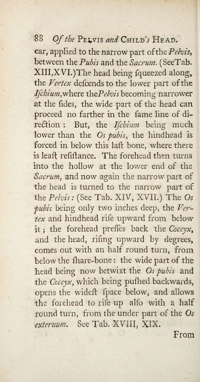 ear, applied to the narrow part of the Pelvis, between the Pubis and the Sacrum. (SeeTab. XIII,XVT.)The head being fqueezed along, the Vertex defcends to the lower part of the Ifchium,where thePelvis becoming narrower at the fides, the wide part of the head can proceed no farther in the fame line of di- redlion : But, the Ifchium being much lower than the Os pubis, the hindhead is forced in below this laid bone, where there is leail refiftance. The forehead then turns into the hollow at the lower end of the Sacrum, and now again the narrow part of the head is turned to the narrow part of the Pelvis: (See Tab. XIV, XVII.) The Os pubis being only two inches deep, the Ver¬ tex and hindhead rife upward from below it; the forehead prefies back the Coccyx, and the head, riling upward by degrees, comes out with an half round turn, from below the fhare-bone: the wide part of the head being now betwixt the Os pubis and the Coccyx, which being pufhed backwards, opens the wideft fpace below, and allows the forehead to rife up alfo with a half round turn, from the under part of the Os externum. See Tab. XVIII, XIX. From