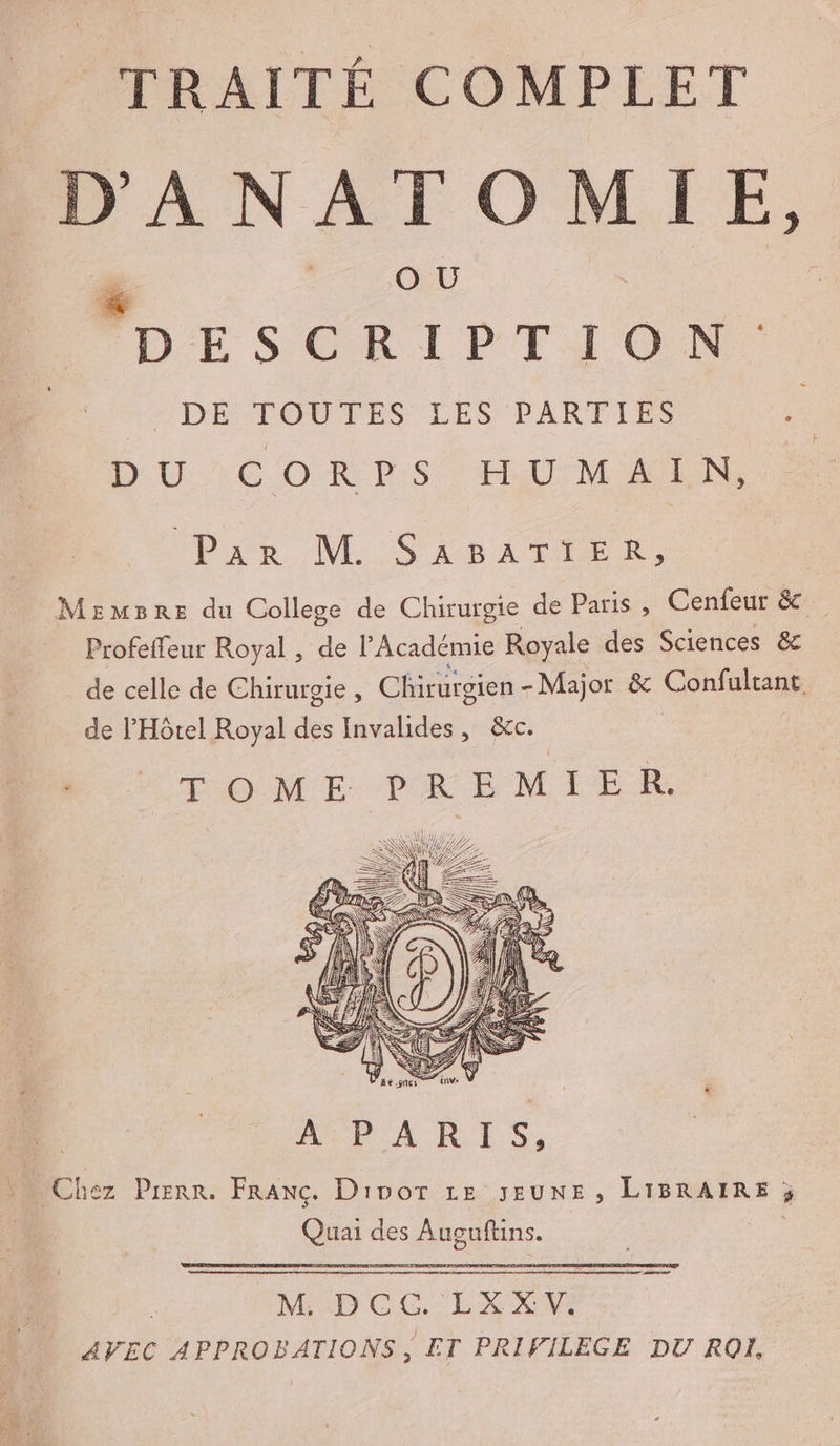 TRAITÉ COMPLET DANATOMI É, OU « DCE S'GR'IPTJI ON | DEÉ:TOUTFES pe PARTIES DU CORPS HUMAIN Pir NM S'ABATIER, Memsre du College de Chirurgie de Paris , Cenfeur &amp; Profeffeur Royal, de l’Académie Royale des Sciences &amp; _ de celle de Chirurgie, Chirurgien -Major &amp; Confultant de l'Hôtel Royal des Invalides, &amp;c. ( TOME PREMIER. M. DC $. LXX v. AVEC APPROBATIONS, ET PRIVILEGE DU ROI.
