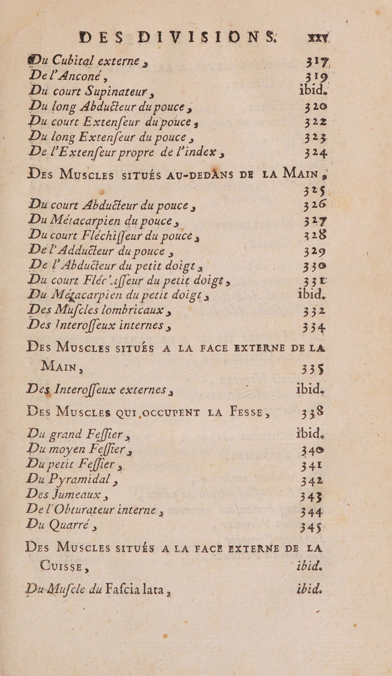Du Cubital externe » | 317, Del’ Anconé, ù 372 Du court Supinateur , | ibid. Du long Abduëteur du pouce ; 320 Du court Extenfeur du pouce, 322 Du long Extenfeur du pouce , 323 De l'Extenfeur propre de l'index , 324 Des Musczes siTués Au-DEDANS DE LA Main, P | 3%$; Du court Abduéteur du pouce ; 326 Du Méracarpien du pouce, 327 Du court Fléchiffeur du pouce ; 328 De l'Adduëteur du pouce , 329 De l’Abduëteur du petit doigt, 339 Du court Fléc'iffeur du petit doigt, 337 Du Mégacarpien du petit doigt, ibid, Des Mufcles lombricaux , 332 Des Interoffeux internes , ._. 334 Des Musczes sITUÉS A LA FACE EXTERNE DE LA Man, 335 Des Interoffeux externes, Le ibid. Des Muscres Qui.occurenNT LA Fesse, 338 Du grand Feffier , ibid, Du moyen Feffier , 340 Du petit Feffier ,. 341 Du Pyramidal , 342 Des Jumeaux , _ 343 De l'Obturateur interne, 344. Du Quarré, | 345 Des Muscres sITUÉS À LA FACE EXTERNE DE LA Cuisse, ibid. _ DuMufcle du Fafcialata, ibid, #