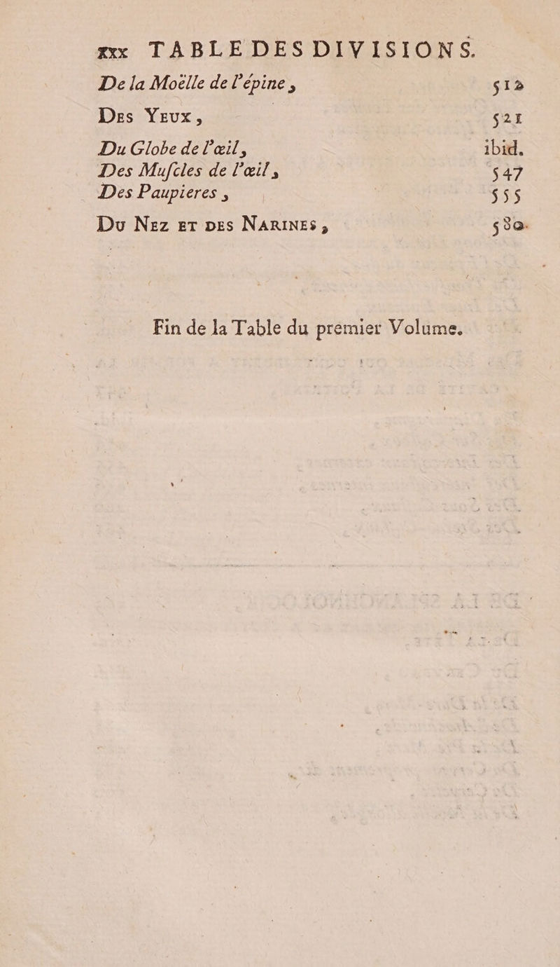 De la Moëlle de l'épine, s12 Des Yeux, | s21 Du Globe de l'œil, ibid. Des Mufcles de l'œil, $47 Des Paupieres , | 55 Du Nez et Des N'ARINES, 530. Fin de la Table du premier Volume.
