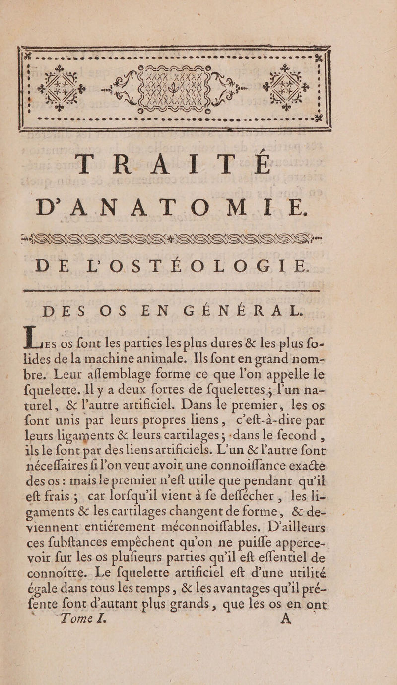 ses.e LR : césrosss-smmsm-sssmsemseemrsenese..e st n , , or NE ‘ Ne T7 Ne 4 Là YVES ke L | + RAI TE: DANATOMIE. MSSSESSSSEESSSSSSSE TR POS EL O GIE DES OS. EN GÉNÉRAL k os font les parties les plus dures &amp; les plus fo- lides de la machine animale. Ils font en grand nom- bre. Leur aflemblage forme ce que l’on appelle le fquelette. Il y a deux fortes de fquelettes ; l’un na- turel, &amp; l’autre artificiel. Dans le premier, les os font unis par leurs propres liens, c’eft-à-dire par leurs ligaments &amp; leurs cartilages ; dans le fecond , ils Le font par des liensartificiels. L'un &amp; l’autre font néceffaires fi l’on veut avoit une connoïiflance exacte des os : mais le premier n'eft utile que pendant qu'il eft frais; car lorfqu’il vient à fe deffécher , les li- gaments &amp; les cartilages changent de forme, &amp; de- viennent entiérement méconnoiflables. D'ailleurs ces fubftances empêchent qu'on ne puifle apperce- voir fur les os plufieurs parties qu’il eft effentiel de connoître. Le fquelette artificiel eft d’une utilité égale dans tous les temps, &amp; les avantages qu'il pré- fente font d'autant plus grands, que les os en ont Tome L.