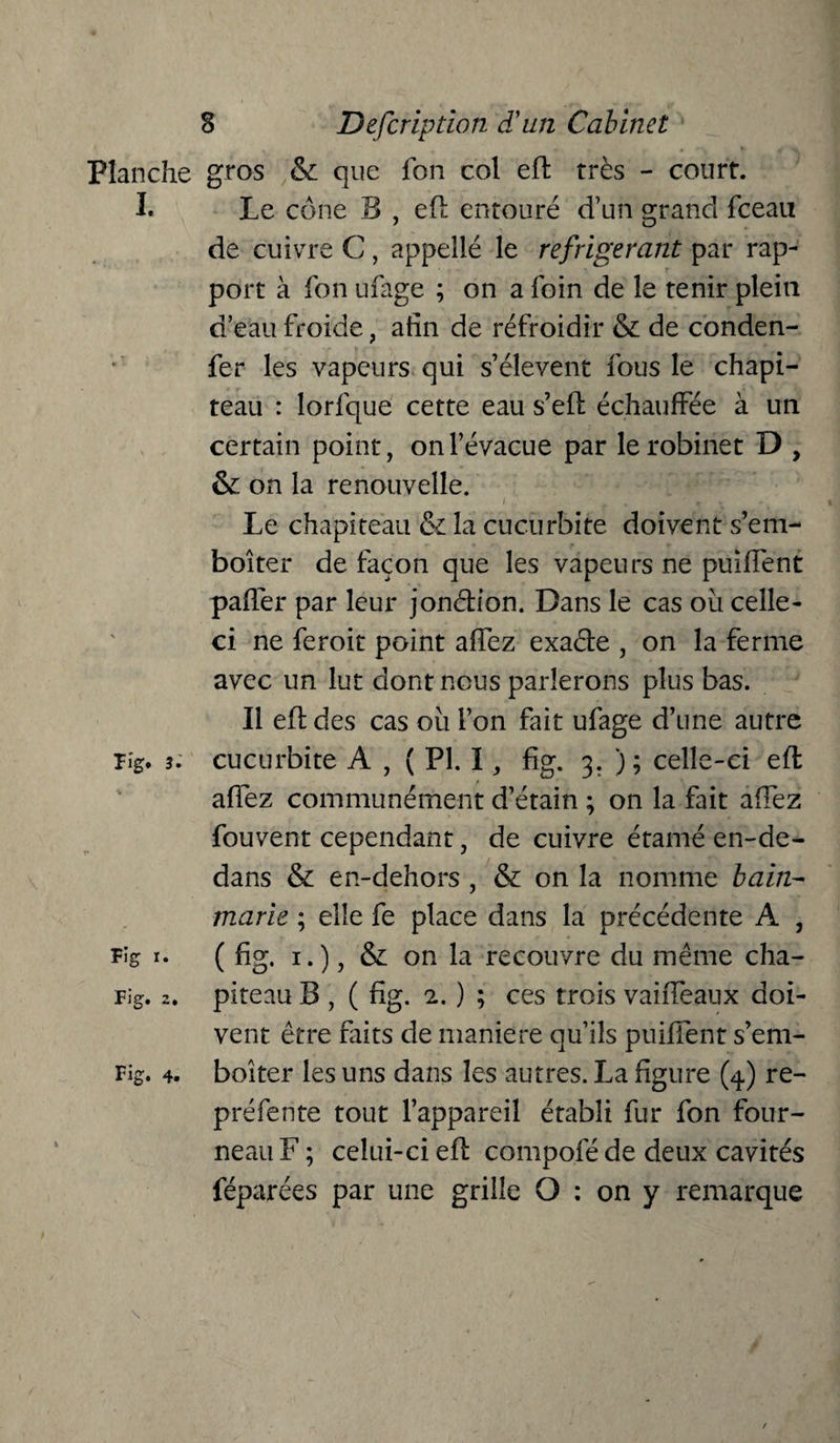 % • • . _ c r- ». / Planche gros & que fon col efl très - court. I. Le cône B , efl entouré d’un grand fceau de cuivre C, appellé le réfrigérant par rap¬ port à fon ufage ; on a foin de le tenir plein d’eau froide, afin de réfroidir & de conden- fer les vapeurs qui s’élèvent fous le chapi¬ teau : lorfque cette eau s’efl échauffée à un certain point, on l’évacue par le robinet D , & on la renouvelle. Le chapiteau & la cucurbite doivent s’em¬ boîter de façon que les vapeurs ne puiffent palier par leur jonétion. Dans le cas ou celle- ci ne feroit point affez exaéle , on la ferme avec un lut dont nous parlerons plus bas. Il efl des cas ou l’on fait ufage d’une autre 3. cucurbite A , ( PI. I, fig. 3. ); celle-ci efl affez communément d’étain ; on la fait affez fouvent cependant, de cuivre étamé en-de¬ dans & en-dehors , & on la nomme bain- marie ; elle fe place dans la précédente A , % t. ( fig. 1. ) } & on la recouvre du même cha- Fig. 2. piteau B , ( fig. 2. ) ; ces trois vaiiTeaux doi¬ vent être faits de maniéré qu’ils puiffent s’em- Fig. 4. boiter les uns dans les autres. La figure (4) re¬ pré fente tout l’appareil établi fur fon four¬ neau F ; celui-ci efl compofé de deux cavités féparées par une grille O : on y remarque