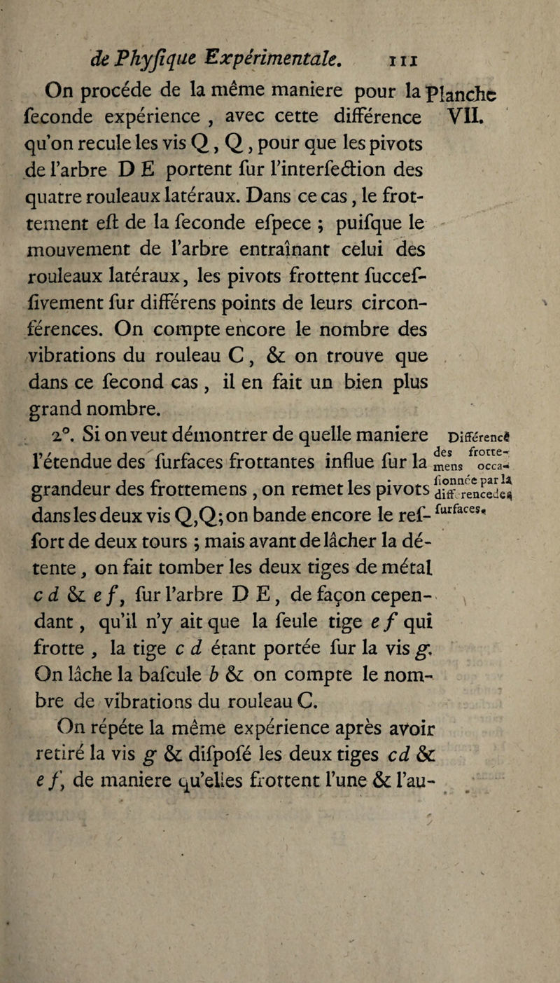 On procède de la même maniéré pour la Planche fécondé expérience , avec cette différence VII. qu’on recule les vis Q, Q, pour que les pivots de l’arbre D E portent fur l’interfe&ion des quatre rouleaux latéraux. Dans ce cas, le frot¬ tement efl de la fécondé efpece ; puifque le mouvement de l’arbre entraînant celui des rouleaux latéraux, les pivots frottent fuccef- fivement fur différens points de leurs circon¬ férences. On compte encore le nombre des vibrations du rouleau C, & on trouve que dans ce fécond cas , il en fait un bien plus grand nombre. 2.0. Si on veut démontrer de quelle maniéré Différent l’étendue des furfaces frottantes influe fur la mens fto«a* grandeur des frottemens , on remet les pivots dSff“en?edcî dans les deux vis Q,Q; on bande encore le ref- furfaces< fort de deux tours \ mais avant de lâcher la dé¬ tente , on fait tomber les deux tiges de métal c d & e /, fur l’arbre D E, de façon cepen¬ dant , qu’il n’y ait que la feule tige e f qui frotte , la tige c d étant portée fur la vis g: On lâche la bafcule b & on compte le nom¬ bre de vibrations du rouleau C. On répété la même expérience après avoir retiré la vis g & difpofé les deux tiges cd & e f \ de maniéré qu’elies frottent l’une & l’au-