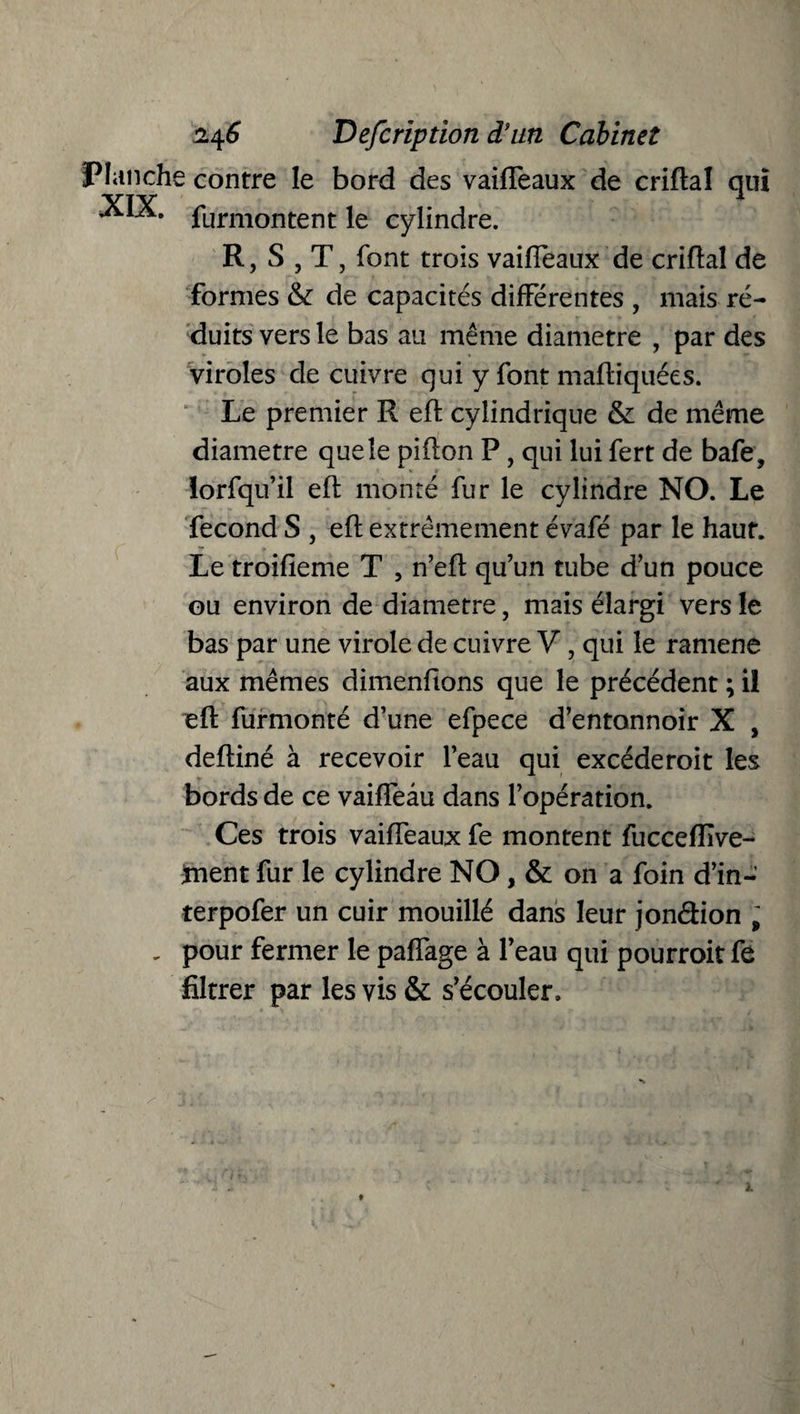 Planche contre le bord des vaiffeaux de criftal qui VTV 1 slia. furmontent le cylindre. R, S 5 T, font trois vaiffeaux de criftal de formes & de capacités différentes , mais ré¬ duits vers le bas au même diamètre , par des viroles de cuivre qui y font maftiquées. Le premier R eft cylindrique & de même diamètre que le pifton P , qui lui fert de bafe, lorfqu’il eft monté fur le cylindre NO. Le fécond S , eft extrêmement évafé par le haut. Le troifieme T , n’eft qu’un tube d’un pouce ou environ de diamètre, mais élargi vers le bas par une virole de cuivre V, qui le ramene aux mêmes dimenfions que le précédent ; il eft furmonté d’une efpece d’entonnoir X , deftiné à recevoir l’eau qui excéderoit les bords de ce vaiffeâu dans l’opération. Ces trois vaiffeaux fe montent fuccefîive- iment fur le cylindre NO, & on a foin d’in- terpofer un cuir mouillé dans leur jondion 9 - pour fermer le paffage à l’eau qui pourrait fe filtrer par les vis & s’écouler.