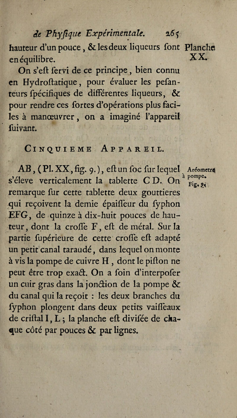 hauteur d’un pouce, & les deux liqueurs font en équilibre. On s’eft fervi de ce principe, bien connu en Hydroftatique, pour évaluer les pefan- teurs fpécifiques de différentes liqueurs, & pour rendre ces fortes d’opérations plus faci¬ les à manœuvrer, on a imaginé l’appareil fuivant. Cinquième Appareil. AB, ( PL XX, fig. 9. ), eft un foc fur lequel s’élève verticalement la tablette C D. On remarque fur cette tablette deux gouttières qui reçoivent la demie épaiffeur du fyphon EFG, de quinze à dix-huit pouces de hau¬ teur , dont la croffe F, eft de métal. Sur la partie fupérieure de cette croffe eft adapté un petit canal taraudé, dans lequel on monte à vis la pompe de cuivre H , dont le pifton ne peut être trop exaét On a foin d’interpofer un cuir gras dans la jonâion de la pompe & du canal qui la reçoit : les deux branches du fyphon plongent dans deux petits vaifleaux de criftal I, L ; la planche eft divifée de cha¬ que côté par pouces & par lignes. Planche XX. Arcometr^ a pompe. Fig* 24