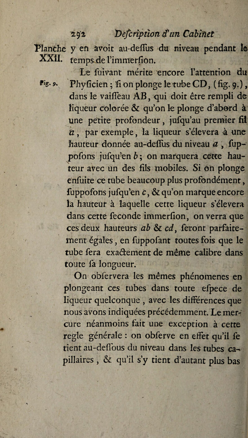 Planche y en àvoit au-deffus du niveau pendant It XXII. temps de l’immerfion. Le fuivant mérite encore l’attention du %• * Phyficien ; fi on plonge le tube CD, ( fig. 9. ), dans le vaiffeau AB, qui doit être rempli de liqueur colorée & qu’on le plonge d’abord à une petite profondeur, jufqu’au premier fil a , par exemple, la liqueur s’élèvera à une hauteur donnée au-deffus du niveau a , fup- pofons jufqffen b ; on marquera cette hau¬ teur avec un des fils mobiles. Si on plonge enfuite ce tube beaucoup plus profondément, fuppofons jufqu’en c, & qu’on marque encore la hauteur à laquelle cette liqueur s’élèvera dans cette fécondé immerfion, on verra que ces deux hauteurs ab & cdy feront parfaite- ment égales, en fuppofant toutes fois que le tube fera exa&ement de même calibre dans toute fa longueur. On obfervera les mêmes phénomènes en plongeant ces tubes dans toute efpece de liqueur quelconque , avec les différences que nous avons indiquées précédemment. Le mer¬ cure néanmoins fait une exception à cette réglé générale : on obferve en effet qu’il fe tient au-deflbus du niveau dans les tubes ca¬ pillaires , & qu’il s’y tient d’autant plus bas