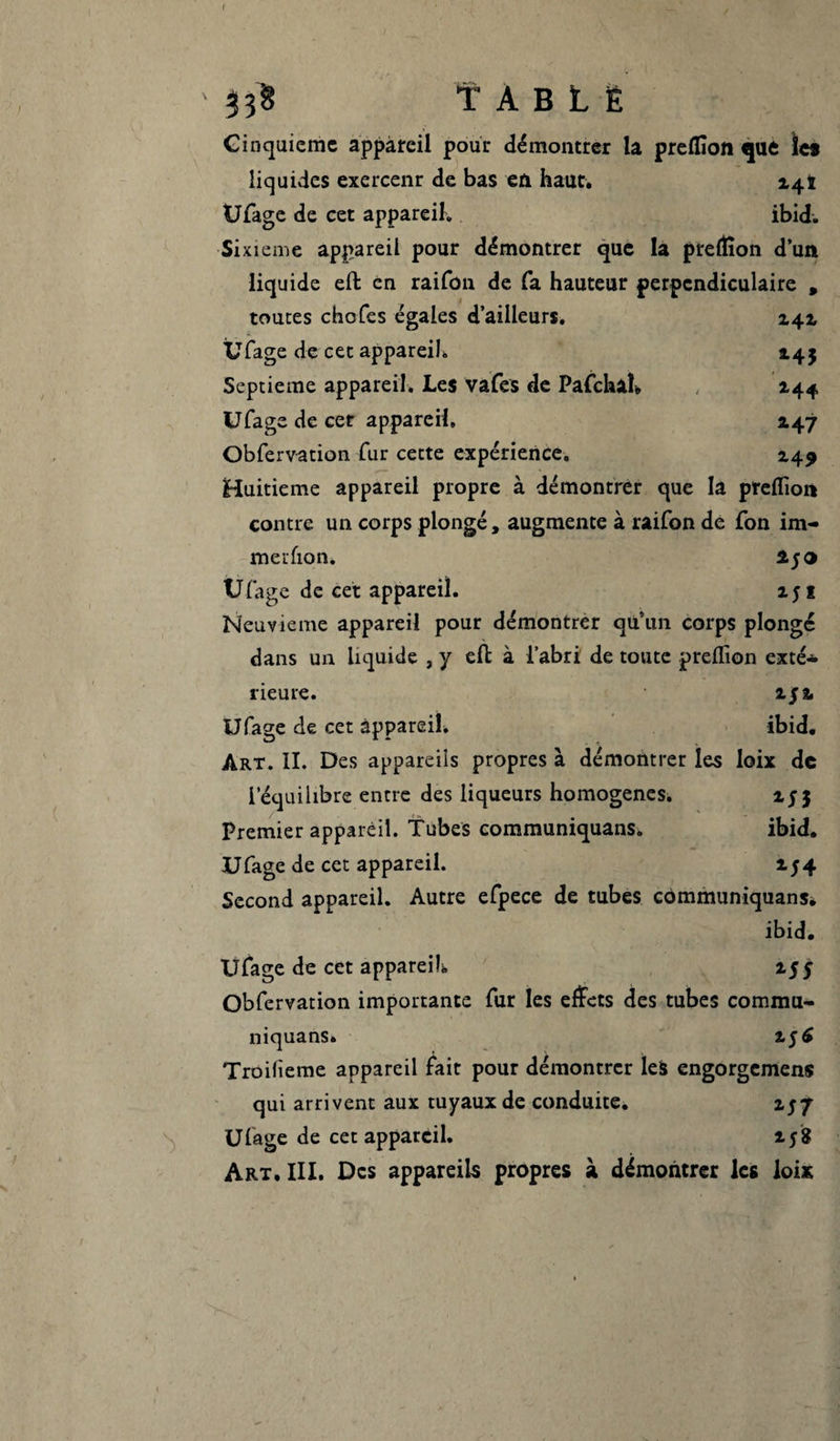 I 33§ TABLÉ S Cinquième appareil pour démontrer la preffion que les liquides exercenr de bas en haut. x^î Ufage de cet appareil. ibid. Si xieme appareil pour démontrer que la prefïîon d’un liquide eft en raifon de fa hauteur perpendiculaire , toutes chofes égales d’ailleurs. x\x Ufage de cet appareil. 145 Septième appareil. Les vafes de Pafchal» 144 Ufage de cet appareil» 147 Obfervation fur cette expérience. Z49 Huitième appareil propre à démontrer que la preffion contre un corps plongé, augmente à raifon de fon im¬ mersion. aj o Ufage de cet appareil. 151 Neuvième appareil pour démontrer quun corps plongé dans un liquide , y effc à l’abri de toute preffion exté* rieure. zjz Ufage de cet appareil. ibid. Art. II. Des appareils propres à démontrer les loix de l’équilibre entre des liqueurs homogènes. Premier appareil. Tubes communiquans. ibid. Ufage de cet appareil. 154 Second appareil. Autre efpece de tubes communiquans. ibid. Ufage de cet appareils, x$$ Obfervation importante fur les effets des tubes commu¬ niquans. 2.5 6 Troifieme appareil fait pour démontrer les engorgemens qui arrivent aux tuyaux de conduite. x$y Ufage de cet appareil. 15 8 Art. III. Des appareils propres à démontrer les loix