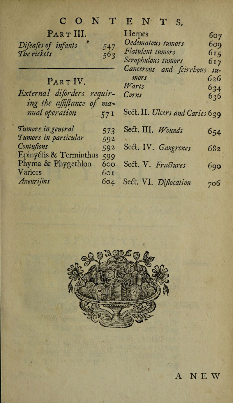 Part III. Difeafes of infants * 547 ^he rickets 563 Part IV. External di[orders requir¬ ing the ajjijiance of ma^ nual operation 571 tr^mors in general 573 Tumors in •particular 592 Contufions 592 Epinydis & Terminthus 599 Phyma & Phygethlon 600 Varices 601 Aneurifms 604 Herpes ^07 Oedematous tumors 609 Flatulent tumors 615 Scrophulous tumors 617 Cancerous and fcirrhous tu¬ mors 626 Warts 634 636 Sed. 11. Ulcers and Caries 639 Sed. III. Wounds 654 \ Sed. IV. Gangrenes 682 Sed. V. Fradiures 690 Sed. VI. Uiflocation ANEW