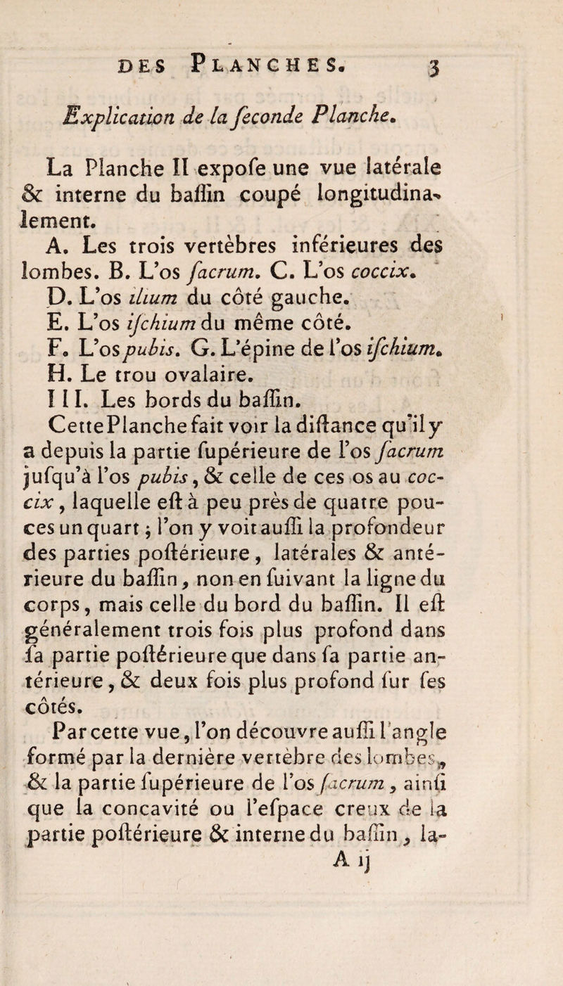 1 - 1 Explication de la fécondé Planche. La Planche II expofe une vue latérale &amp; interne du baffin coupé longitudinal lament. A. Les trois vertèbres inférieures des lombes. B. L’os facrum. C. L’os coccix. D. L’os ilium du côté gauche. E. L’os ijchium du même côté. F. L’os pubis. G. L’épine de l’os ifchium. H. Le trou ovalaire. 111. Les bords du baffin. CettePlanche fait voir la diftance qffiily* a depuis la partie fiipérieure de l’os facrum jufqu’à l’os pubis, &amp; celle de ces os au coc¬ cix , laquelle eft à peu près de quatre pou¬ ces un quart y l’on y voitauffi la profondeur des parties poftérieure, latérales &amp; anté¬ rieure du baffin, non en fuivant la ligne du corps, mais celle du bord du baffin. Il eft généralement trois fois plus profond dans fa partie poftérieure que dans fa partie an¬ térieure , &amp; deux fois plus profond fur fes côtés. Par cette vue, l’on découvre auffi l’angle formé par la dernière vertèbre des lombes,, &amp; la partie fupérieure de l’os facrum, ainft que la concavité ou l’efpace creux de ia partie poftérieure &amp; interne du baffin, la- A ij