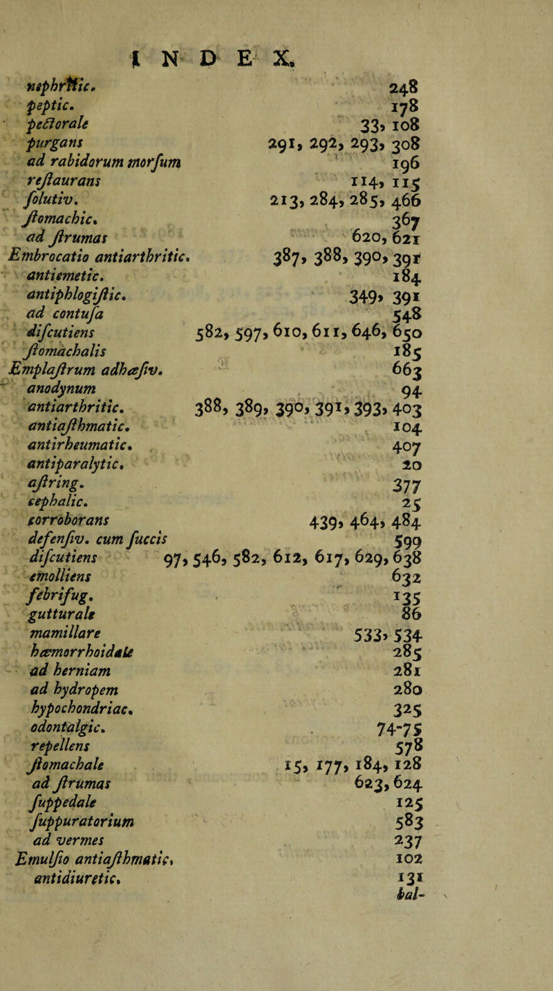 nephrffic. peptic, pe ft or ale purgans ad rabidorum tnorfum rejiaurans folutiv. Jlomachic. ad Jlrumas Embrocatio antiarthritic. antiemetic. antiphlogijlic. ad contufa difcutiens 582, Jlomachalis Emplajlrum adhafiv. anodynum antiarthritic. 388, antiajlhmatic. antirheumatic• antiparalytic. ajlring. cephalic. corroborant defenfiv. cum fuccis difcutiens 97,546, emollient febrifug. gutturale mamillare heemorrhoidaU ad herniam ad hydropem hypochondriac. odontalgic, repellent Jlomachale ad Jlrumas fuppedale fuppuratorium ad vermes Emulfto antiajlhmatic % antidiuretic. 248 178 33&gt;108 291, 292, 293, 308 196 114, 115 213, 284, 285, 466 367 620,621 387* 388, 390,39r 184 349&gt; 39* 54-8 597,610,611,646, 650 185 66 3 94 389* 39°&gt; 39x&gt;393&gt; 403 104 407 20 377 , 2S 439&gt; 464* 484 599 582, 612, 617, 629,638 632 *35 86 533&gt; 534 285 281 280 325 74-75 578 15, 177, 184,128 623,624 125 583 ^37 102 131 $&gt;al-