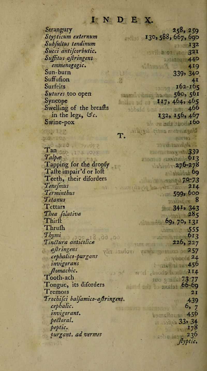 Strangury Stypticum externum Subfultus tendinum Sued antifcorbutic. Sufftus ajiringens emmenogogic» Sun-burn 1 SufFufion Surfeits Sutures too open Syncope Swelling of the breafts in the legs, &amp;c. Swine-pox 2S8» 259 130* 588, 667, 690 132 k 321 440 419 339&gt; 340 41 162-165 a 560,561 117,464,465 466 *32&gt; *56&gt; 467 '.Ji J -'..,l60 T. » kA &gt; v.. : r ;Wi .. , . . ■' r/S . ' % ^ y ^ *4 v - • 'O * Jan 339 Talpez 613 Tapping for the dropfy 276-278 Tafte impair’d or loft ■ 69 Teeth, their diforders 7°73 1Tenefmus 214 &lt;Terminthus 599, 600 ‘Tetanus 8 Tettars 34i&gt; 343 *Tbea folutivs 285 Thirft 69&gt; 7°&gt; x3r Thrulh 555 7bymi _ . , 6J3 IPinciura anti colic a 226, 227 cjlringem vf(s ... 257 eephalico -purgans 24 invigoran s 45^ Jlomachic. 1*4 Tooth- ach 73*77 Tongue, its diforders 66-69 Tremors 21 'Trochifci baljamico-cflringeni* 439 cephalic. 6, 7 invigorant. 456 pedoral. 33&gt; 34 peptic. 178 f urgant, ad vermes 236 Jlyptic.