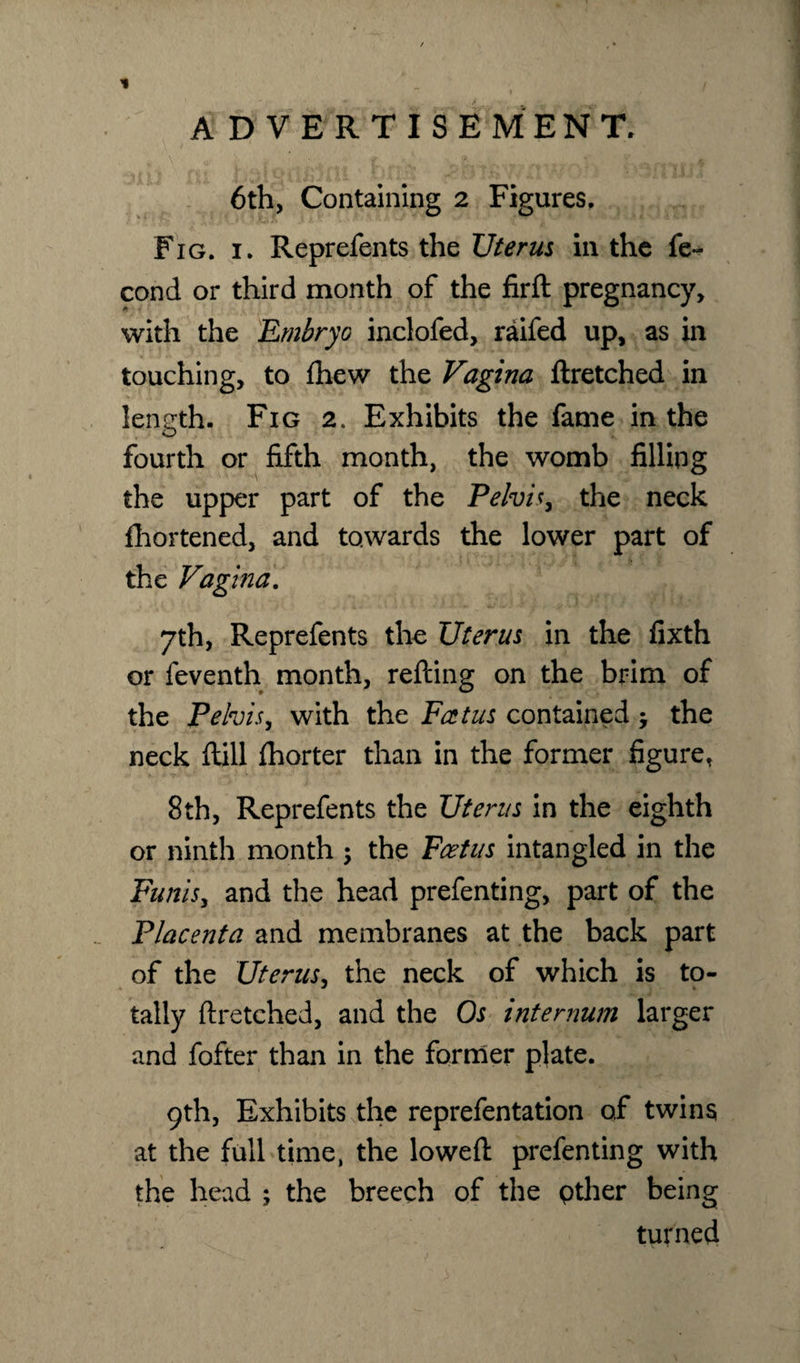 6th, Containing 2 Figures, Fig. 1. Reprefents the Uterus in the fe- cond or third month of the firft pregnancy, with the Embryo inclofed, raifed up, as in touching, to fiiew the Vagina flretched in length. Fig 2. Exhibits the fame in the fourth or fifth month, the womb filling the upper part of the Pelvis, the neck fhortened, and towards the lower part of the Vagina. 7th, Reprefen ts the Uterus in the fixth or feventh month, reding on the brim of the Pelvis, with the Fat us contained -y the neck flill fhorter than in the former figure, 8th, Reprefents the Uterus in the eighth or ninth month ; the Foetus intangled in the Funis, and the head prefenting, part of the Placenta and membranes at the back part of the Uterus, the neck of which is to¬ tally ftretched, and the Os internum larger and fofter than in the former plate. 9th, Exhibits the reprefentation of twins at the full time, the lowed prefenting with the head ; the breech of the pther being turned