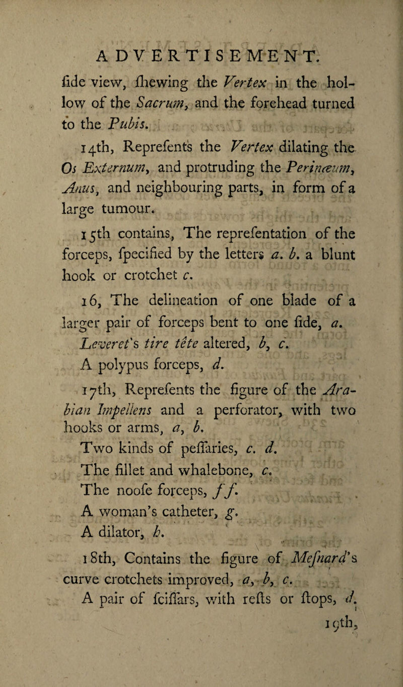 / ADVERTISE ME N T. fide view, fhewing the Vertex in the hol¬ low of the Sacrum, and the forehead turned to the Pubis. 14th, Reprefen ts the Vertex dilating the Os Externum, and protruding the Per human „ Anus, and neighbouring parts, in form of a large tumour. 15th contains, The reprefentation of the forceps, fpecified by the letters a. b. a blunt hook or crotchet r. 16, The delineation of one blade of a larger pair of forceps bent to one fide, a. Leveret's tire tete altered, b, c\ A polypus forceps, d. 17th, Reprefents the figure of the Ara¬ bian Impellens and a perforator, with two hooks or arms, a, b. Two kinds of pefiaries, c. d. The fillet and whalebone, c. The noofe forceps, A woman's catheter, g. A dilator, h. - - v ; 18th, Contains the figure of Mefnard’s curve crotchets improved, c. A pair of fcifiars, with reds or flops, J. 19th &gt;