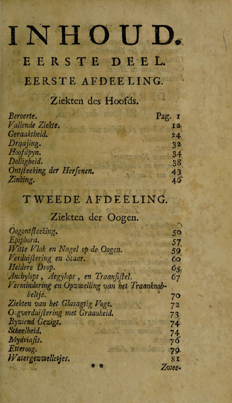 EERSTE DEEL. >• ' . EERSTE AFDEELING. * Ziekten des Hoofds, Beroerte. Pag. I Vallende Ziekte. . 12, Geraaktheid. ^ 24 Drqajing. Hoofdpyn. . ' 34 Dolligheld. '38, Ontjieeking der Herfenen. , . 43 Zinking. 4^ w TWEEDE AFDEELINC. Ziekten der Oogen. Oogontpeeking, 50 Epiphora. ' 57 Witte Flak en Nagel op de- O ogen. 59' Verduijiering en Staar. 60 Heldere Drop. ' , 65, /Inchylops, Aegyhps , en Traanfijlel. 67 Vermindering en Opzwelling van het Traanknob- beitje. '‘70 Ziekten van het Glasagüg Vogt. ^ 7^ Oogverduijiering jnet Graauheid. 73 ^yztend Gezigt^ . ‘ ’ ’ ' 74I' Scheelheid^ . • 74 Mydriajis. yó- Etteroog. „yp. /F'mrgezwelletjes, 81 ♦