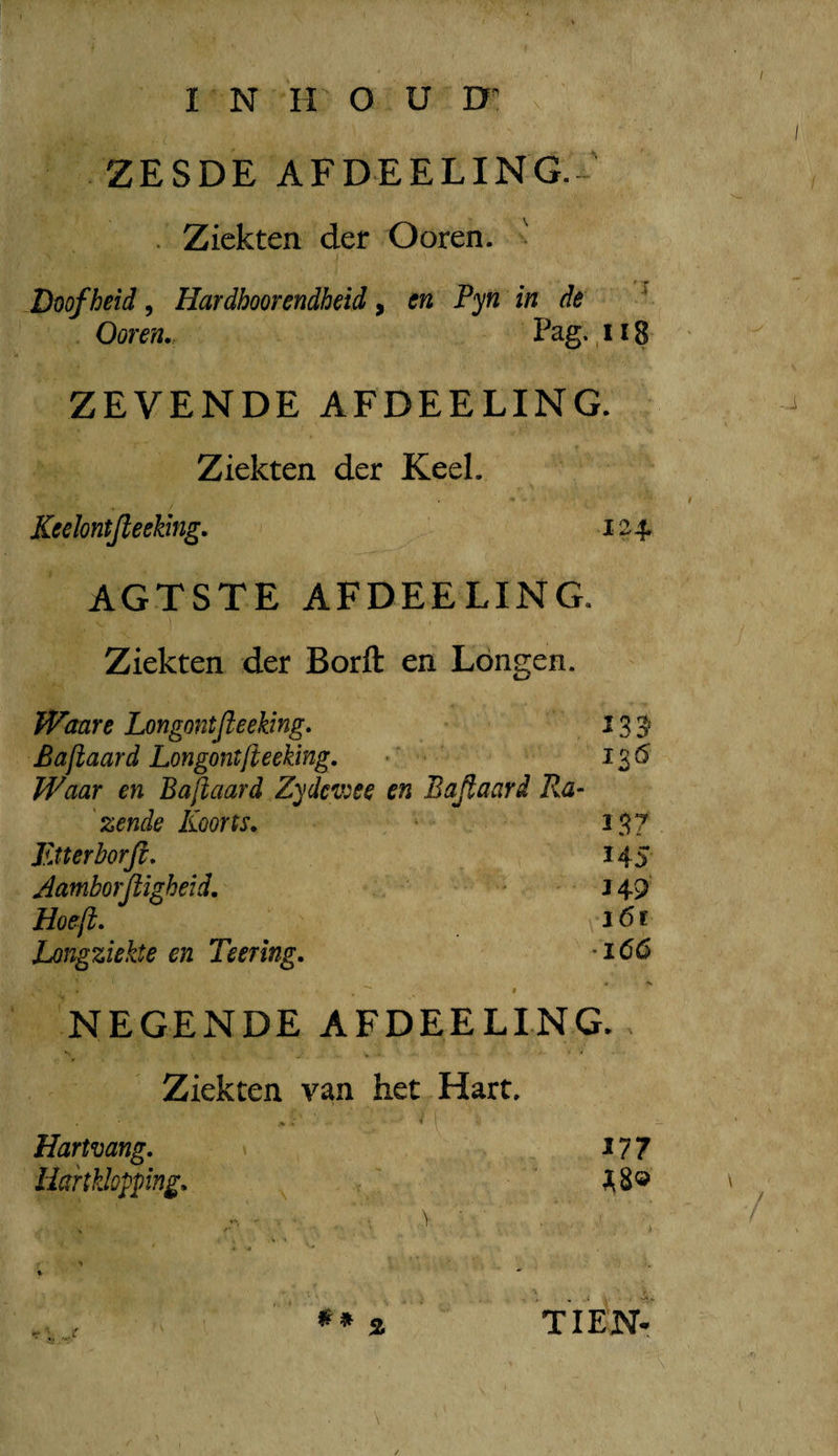 INHOUD^ ZESDE AFDEELING.- . Ziekten der Ooren. ^ Doofheid^ Hardhoorendheid ^ en Pyn in de ^ Ooren,. Pag., 118 ZEVENDE AFDEELING. Ziekten der Keel. Keclontjleeking, 124, AGTSTE AFDEELING. Ziekten der Borft en Longen. Waart Longontjieeking, ^ 3 5 Bafiaard Longontjieeking. •' - ‘ 13 Waar en Baftaard Zydcv:ee en Bajtaard Ra- 'zende Koorts, 137 Etterborjl, 145 Jamborjiigheid. - J 49 Hoeft, 161 Longziekte en Teering, 166 I NEGENDE AFDEELING. Ziekten van het Hart. Hartvang. Hartklopping. \ \ 177 % ti'e'n- \ /