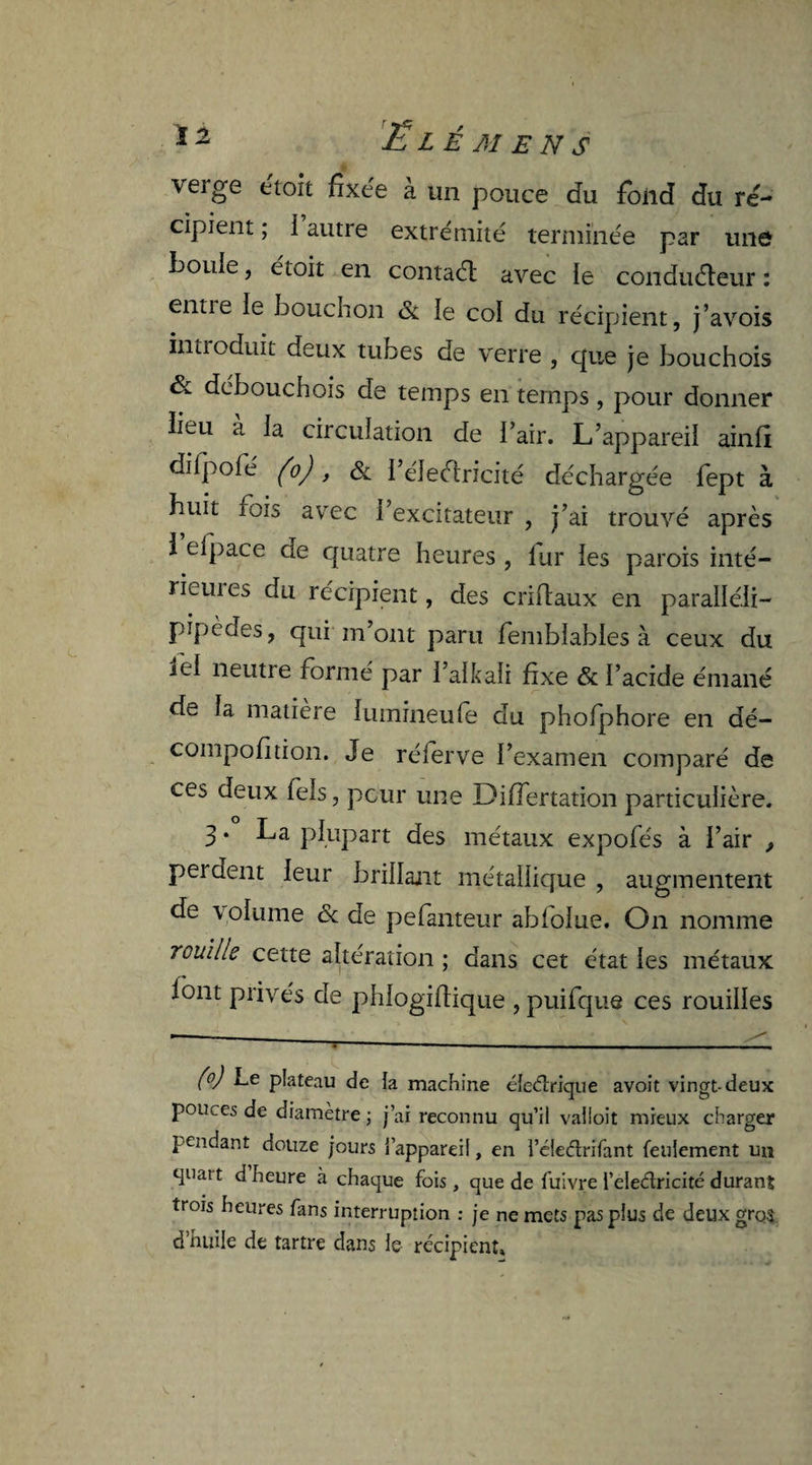 veige etoit fixée a un pouce du fond du ré¬ cipient ; i autre extrémité terminée par une borne, étoit en contaél avec le conducteur : entte le bouchon & le col du récipient, j’avois intioduit deux tubes de verre , que je bouchois ôl débouchois de temps en temps , pour donner ïieu à ia circulation de l’air. L’appareil ainfi difpofé (o), & i’éleétricité déchargée fept à huit fois avec l’excitateur , j’ai trouvé après I elpace de quatre heures , fur les parois inté- rieuies du récipient, des criftaux en paralléli- pipèdes, qui m’ont paru femblables à ceux du ïel neutre formé par l’alkali fixe & l’acide émané de la matière lumineufe du phofphore en aé- compofition. Je réferve l’examen comparé de ces deux Tels, pour une DifTertation particulière. 3. La plupart des métaux expofés à l’air , perdent leur brillant métallique , augmentent de volume & de pefanteur abiolue. On nomme rouille cette altération ; dans cet état les métaux lont privés de phlogiftiqne , puifque ces rouilles (°) Le plateau de la machine éledrique avoit vingt-deux pouces de diamètre ; j’ai reconnu qu’ii vaiioit mieux charger pendant douze jours l’appareil, en l’éledrifant feulement un quatt d heure à chaque fois, que de fuivre l’eledricité durant trois heures fans interruption : je ne mets pas plus de deux gros d’huile de tartre dans le récipient»