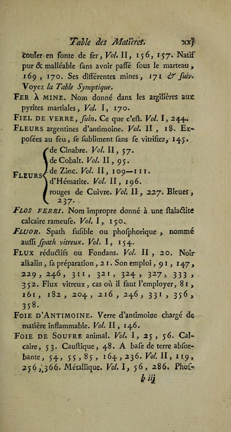 fcouTer en fonte de fer, Vol» II, 156, 157. Natif pur & malléable fans avoir paffé fous le marteau , 169, 170. Ses différentes mines, ijl d? fuiy» Voy ez la Table Synoptique, Fer X MINE. Nom donné dans les argilières aux pyrites martiales, Vol, I, 1.70. Fiel de verre, fuin. Ge que c’eff. Vol. I, 244*. FLEURS argentines d’antimoine. Vol» II , 18. Ex-* pofées au feu , fe fubliment fans fe vitrifier, 145. /de Cinabre. Vol. Il, 57. \ de Cobalt. Vol, II, 95, Fleurs<de Zinc-^' 11 > 109—ni* jd’Hématite. Vol. II, 196. /rouges de Cuivre. Vol, II, 227. Bleues, V 237. F LO s Ferri. Nom impropre donné à une üalaélite calcaire rameufe. Vol, I, 150,. Fluor. Spath fufible ou pholphorique , nommé auffi Jpath vitreux. Vol. I, 1 54. Flux réduélifs ou Fondans. Vol. II , 20. Noir alkalin, fa préparation ,21. Son emploi ,91, 147, 229,2,4.6, 311, 321, 324, 327, 333, 352. Flux vitreux, cas où il faut l’employer, 81 , 161, 182 , 204 , 216 , 246 , 331, 3 56, 358. Foie d‘Antimoine. Verre d’antimoine chargé de matière inflammable. Vol. II, 146. Foie de Soufre animal. Vol, I, 25, 56. Cal¬ caire , 53. Cauftique, 48. A bafe de terre abfor- bante, 54, 55,85, 164,236. Vol. II, 119 , 256,^366. Métallique. Vol, I; 56, 286. Phof-- k i'i