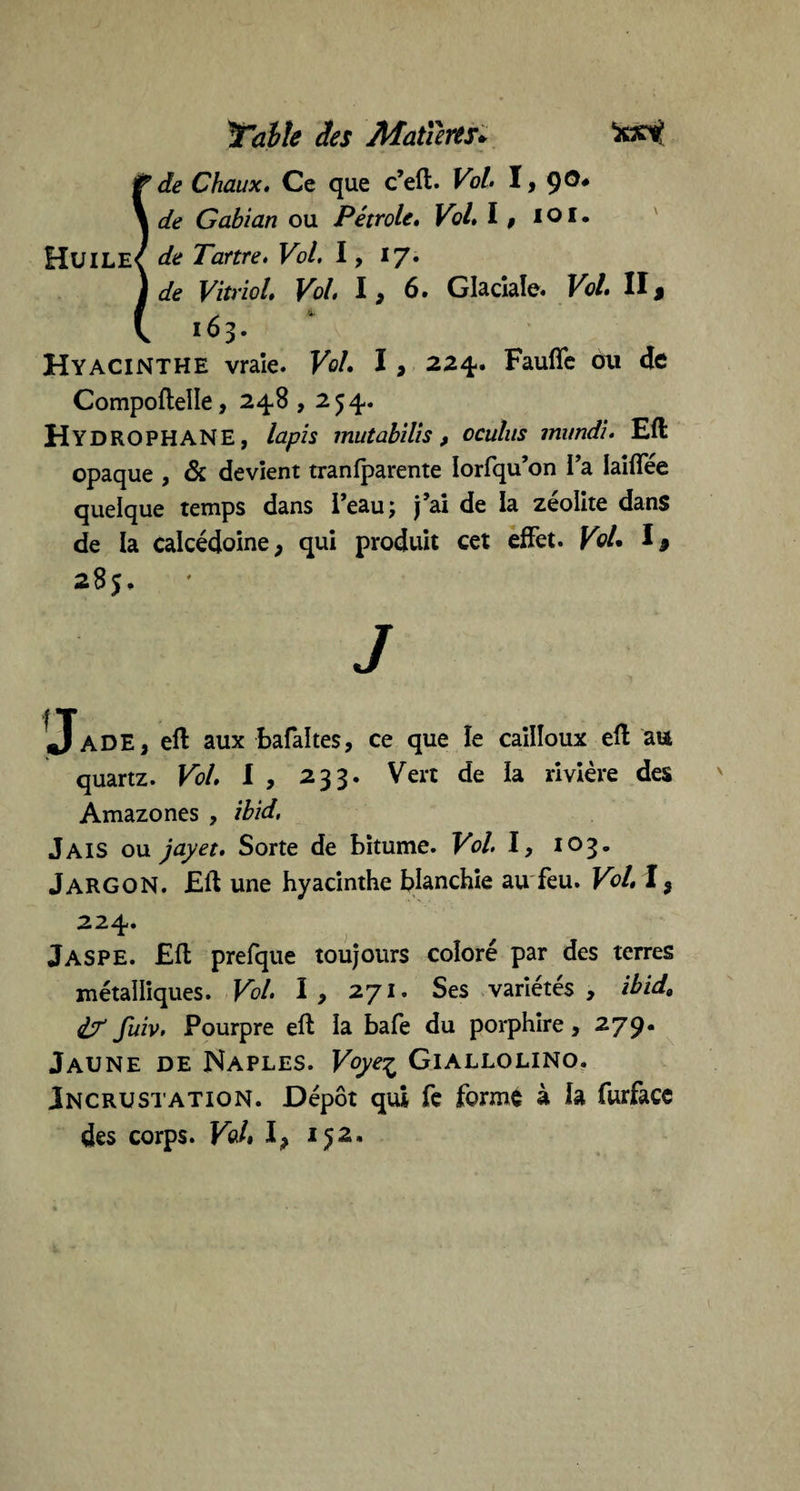 & de Chaux. Ce que c’eft. Vol• I, 9®# \ de Gabian ou Pétrole. Vol. I , i o I • Huile/ de Tartre. Vol. 1, 17. j de Vitriol* Vol. 1, 6. Glaciale* Vol. II % \ 16 3. Hyacinthe vraie. Vol. 1, 224. Faulfe ou de Compoftelle, 248,254. HYDROPHANE, lapis mutabilis, oculus mundi. Eft opaque , & devient tran(parente Iorfqu’on l’a laiffée quelque temps dans Peau; j’ai de la zéolite dans de la calcédoine, qui produit cet effet. Vol. l9 285. j Jade, eft aux bafaltes, ce que le cailloux eft au quartz. Vol. I , 233. Vert de la rivière des Amazones , ibid. Jais ou jayet. Sorte de bitume. Vol. I, 103. JARGON. Eft une hyacinthe blanchie au feu. Vol. I, 224. Jaspe. Eft prefque toujours coloré par des terres métalliques. Vol. I, 271. Ses variétés, ibid» <1? fuiv. Pourpre eft la bafe du porphire, 279. Jaune de Naples. Voye% Giallolino. Incrustation. Dépôt qui fe forme à la furface des corps. Vol, I, 152.