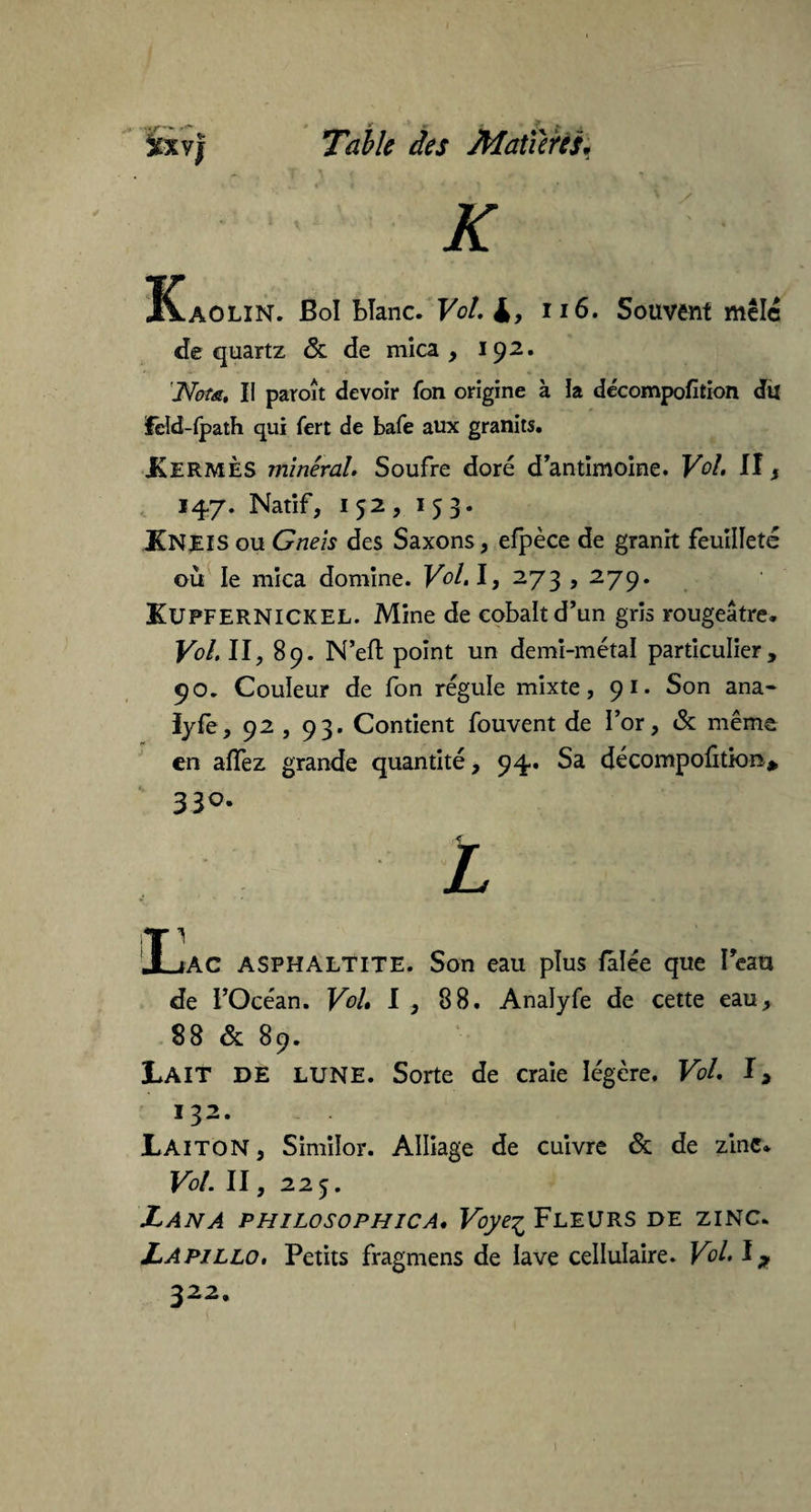 * t t ? w . Table des Matïeres. £xy| Z Kaolin. Bol bïanc. Fo/. 4, 116. Souvent mêle de quartz & de mica, 192. 'Nota, II paroît devoir fon origine à la décompofition du îeld-fpath qui fert de bafe aux granits. Kermès minéral. Soufre doré d'antimoine. Vol. II, 147. Natif, 152, 153. KNEIS ou Gneis des Saxons, efpèce de granit feuilleté où le mica domine. Vol. I, 273,279. KUPFERNICKEL. Mine de cobalt d'un gris rougeâtre. Vol. II, 89. N’eft point un demi-métal particulier, 90. Couleur de fon régule mixte, 91. Son ana- lyfê, 92 , 93. Contient fouvent de l’or, & même en allez grande quantité, 94. Sa décompoûtkm* 330. L t • JL#AC ASPHALTITE. Son eau plus falée que I eau de l'Océan. Vol. I , 88. Analyfe de cette eau, 88 & 89. Lait DE LUNE. Sorte de craie légère. Vol. I> 132. Laiton, Similor. Alliage de cuivre & de zinc. Vol. II, 225. Lan A philosophica. Voye% Fleurs de zinc. Lapillo. Petits fragmens de lave cellulaire. Vol. 322.