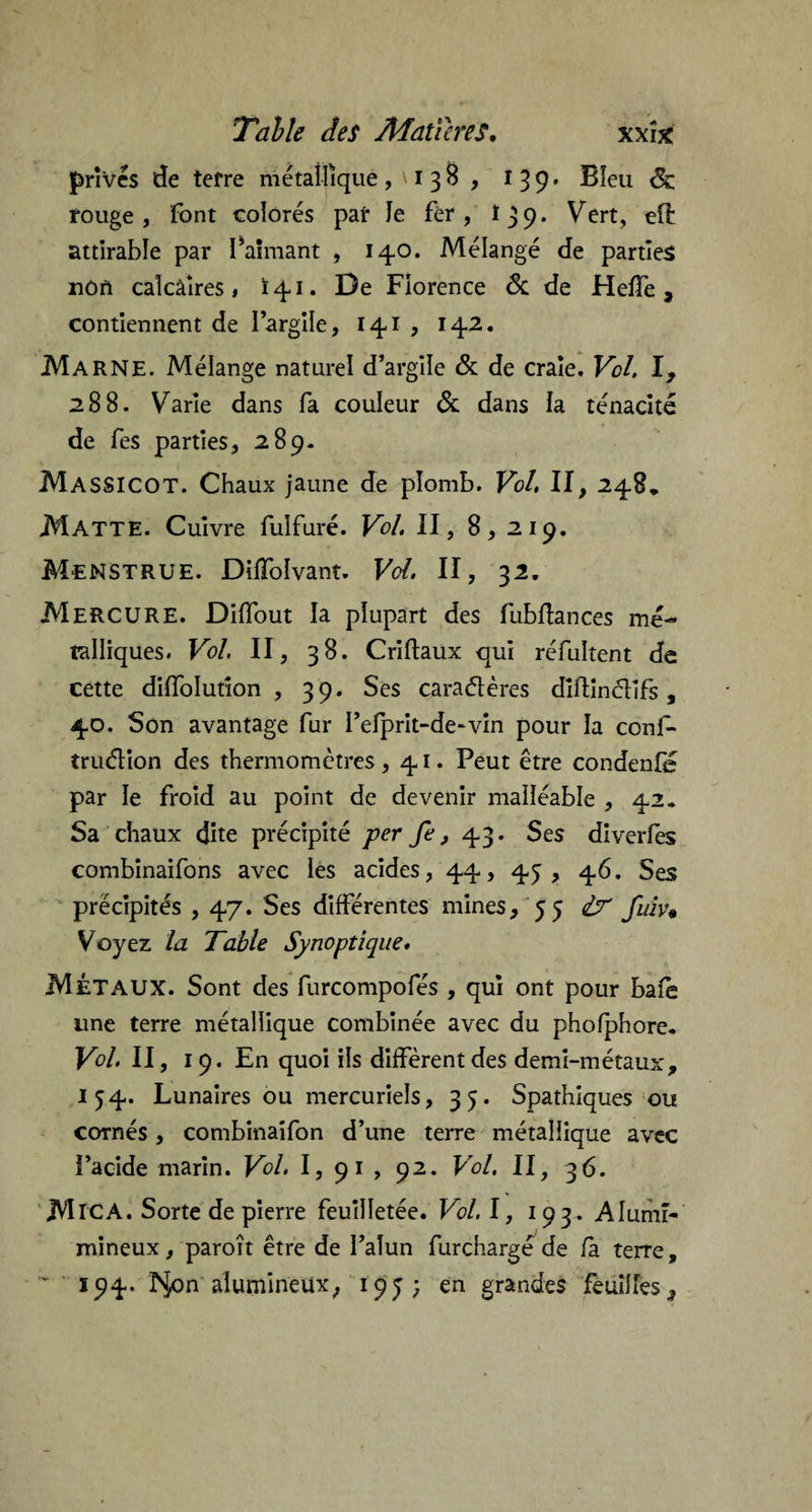 privés de tefre métallique , \ i 3 8 , 139* Bleu & rouge, font colorés par Je fer, 139. Vert, efl: attirable par Paimant , 140. Mélangé de parties non calcâîres , ï 41. De Florence Sc de HefTe , contiennent de l’argile, 141 , 142. Marne. Mélange naturel d’argile & de craie. Vol. I, 288. Varie dans fa couleur & dans la ténacité de fes parties, 289. MASSICOT. Chaux jaune de plomb. Vol, II, 248, Matte. Cuivre fuîfuré. Vol. II, 8,219. MENSTRUE. DifToIvant. Vcl. II, 32. Mercure. Diffout la plupart des fubfîances mé¬ talliques. Vol. II, 38. Criftaux qui réfultent de cette diffolutîon , 39. Ses caractères diftinctifs, 40. Son avantage fur l’efprit-de-vin pour la conjf* trudion des thermomètres ,41. Peut être condenfé par le froid au point de devenir malléable , 42. Sa chaux dite précipité per fe, 43. Ses diverses combinaifons avec les acides, 44, 45, 46. Ses précipités , 47. Ses différentes mines, 55 d? Juiv9 Voyez la Table Synoptique. MÉTAUX. Sont des furcompofés , qui ont pour bafe une terre métallique combinée avec du phofphore. Vol. II, 19. En quoi ils diffèrent des demi-métaux, 154. Lunaires ou mercuriels, 35. Spathiques ou cornés, combinaifon d’une terre métallique avec î’acide marin. Vol. I, 91 , 92. Vol, II, 36. Mica. Sorte de pierre feuilletée. Vol. I, 193. Alumî- mineux, paroît être de l’alun furchargé de fa terre, 194. îsjon alumineux, 195; en grandes feuilles.